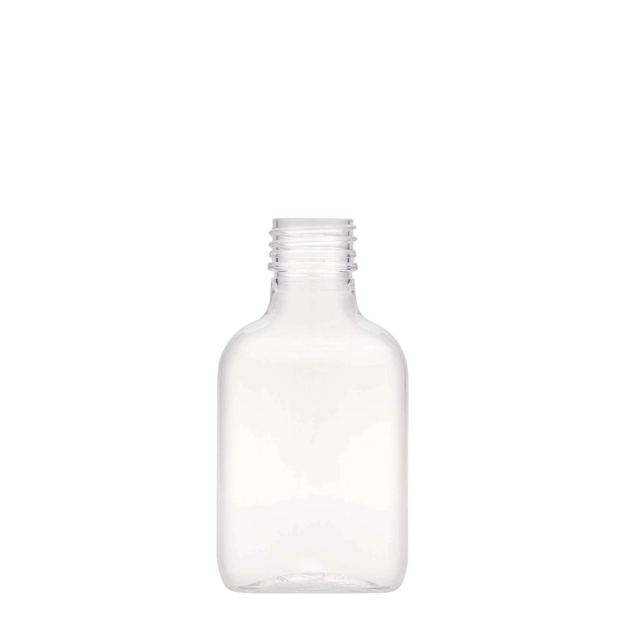 100 ml vrecková fľaša, oválna, PET-plast, hrdlo: PP 28