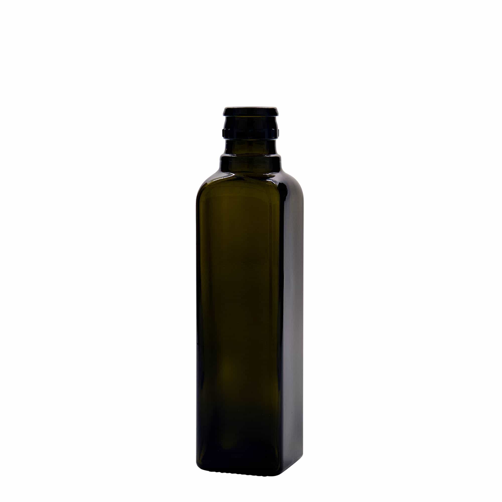 250 ml fľaša na ocot/olej „Quadra“, sklená, štvorcová, antická zelená farba, hrdlo: DOP