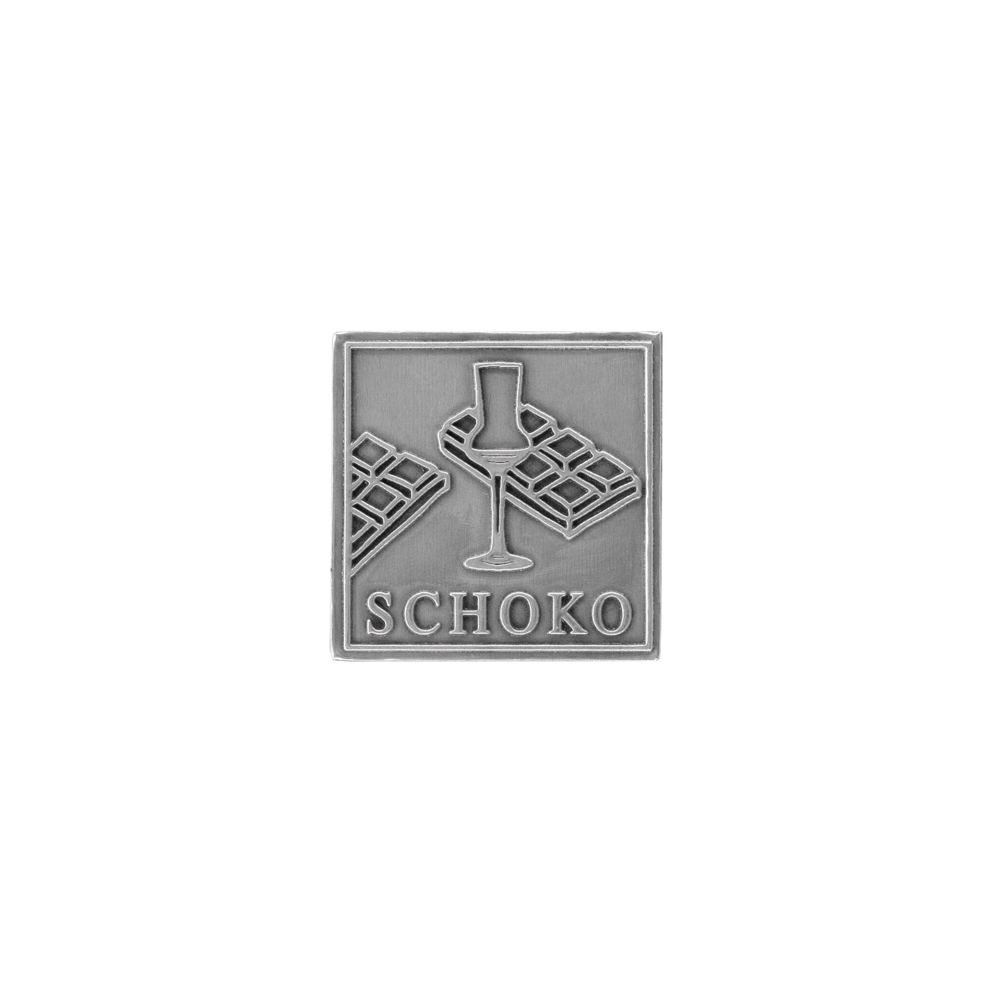 Cínová etiketa „Schoko“, štvorcová, kovová, strieborná Cínová etiketa „Schoko“, štvorcová, kovová, strieborná
