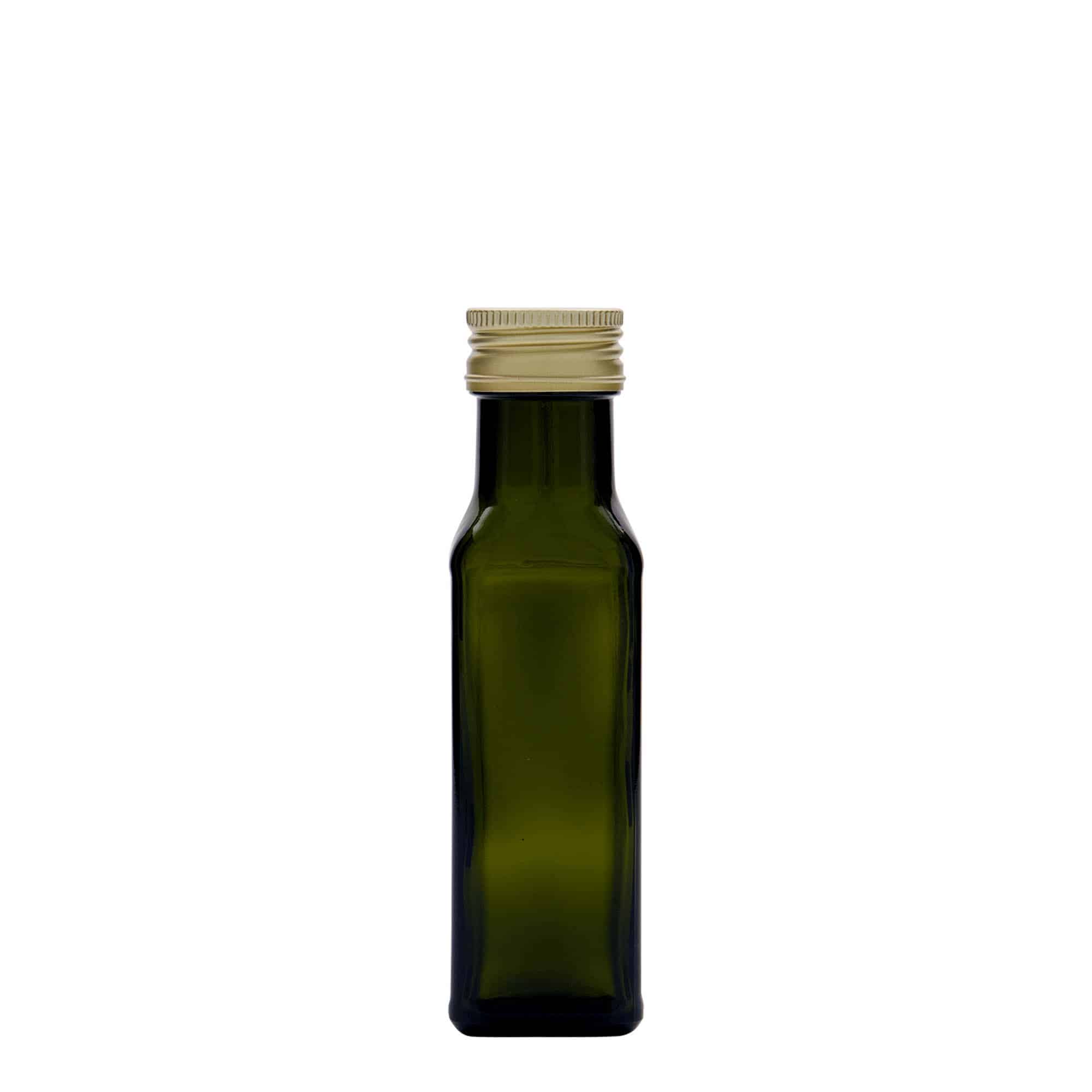 100 ml sklená fľaša „Marasca“, štvorcová, antická zelená farba, hrdlo: PP 31,5