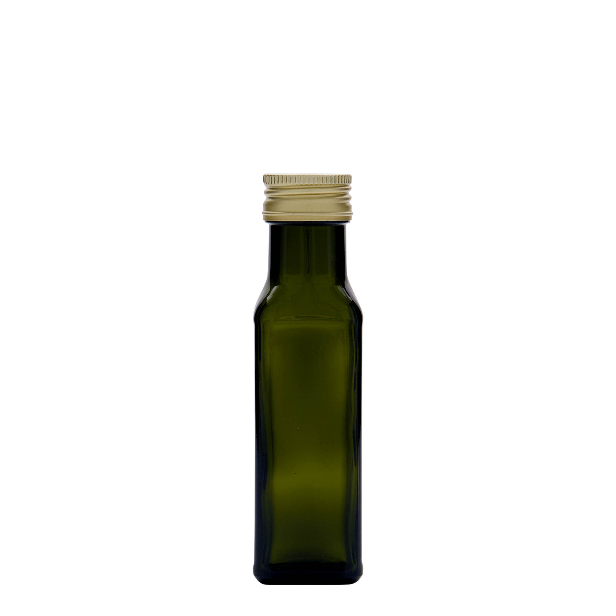 100 ml sklenená fľaša 'Marasca', štvorcová, antik zelená, hrdlo: PP 31,5