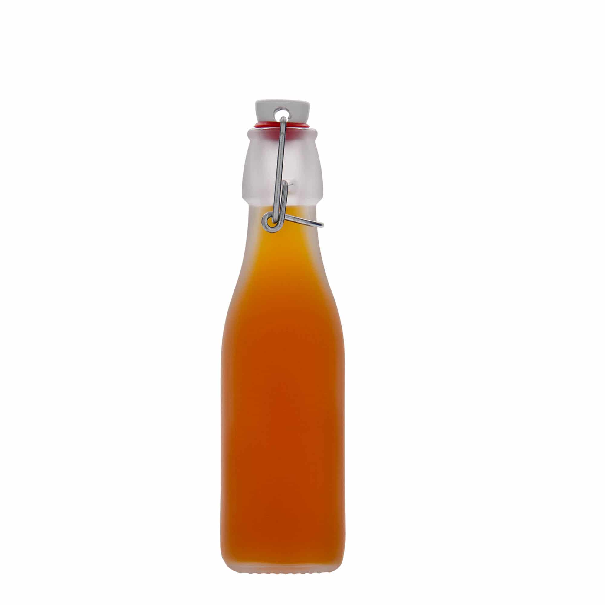 250 ml sklená fľaša „Swing, štvorcová, biela farba, hrdlo: strmeňový uzáver