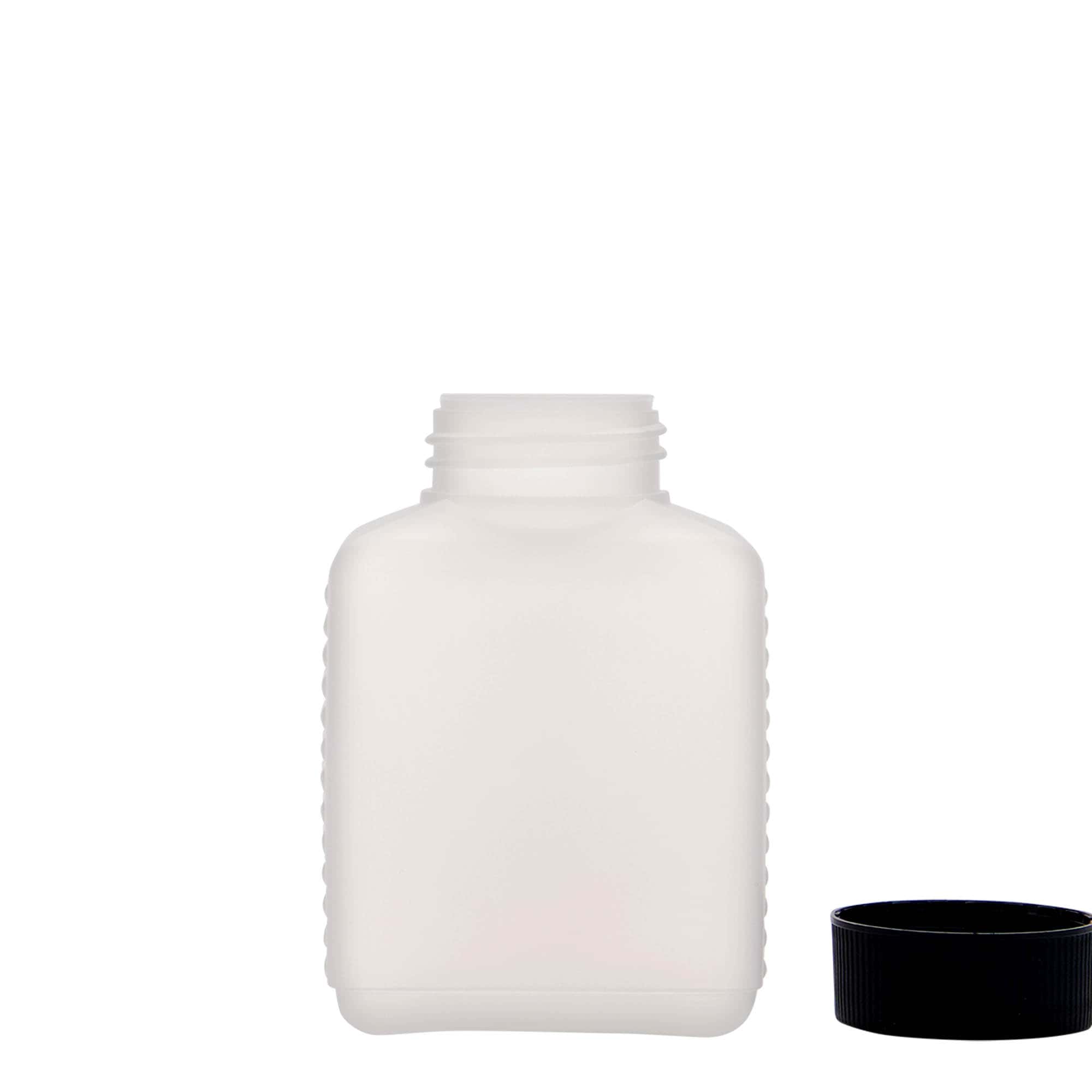 250 ml fľaša so širokým hrdlom, obdĺžniková, HDPE plast, prírodná farba, hrdlo: DIN 40 EPE