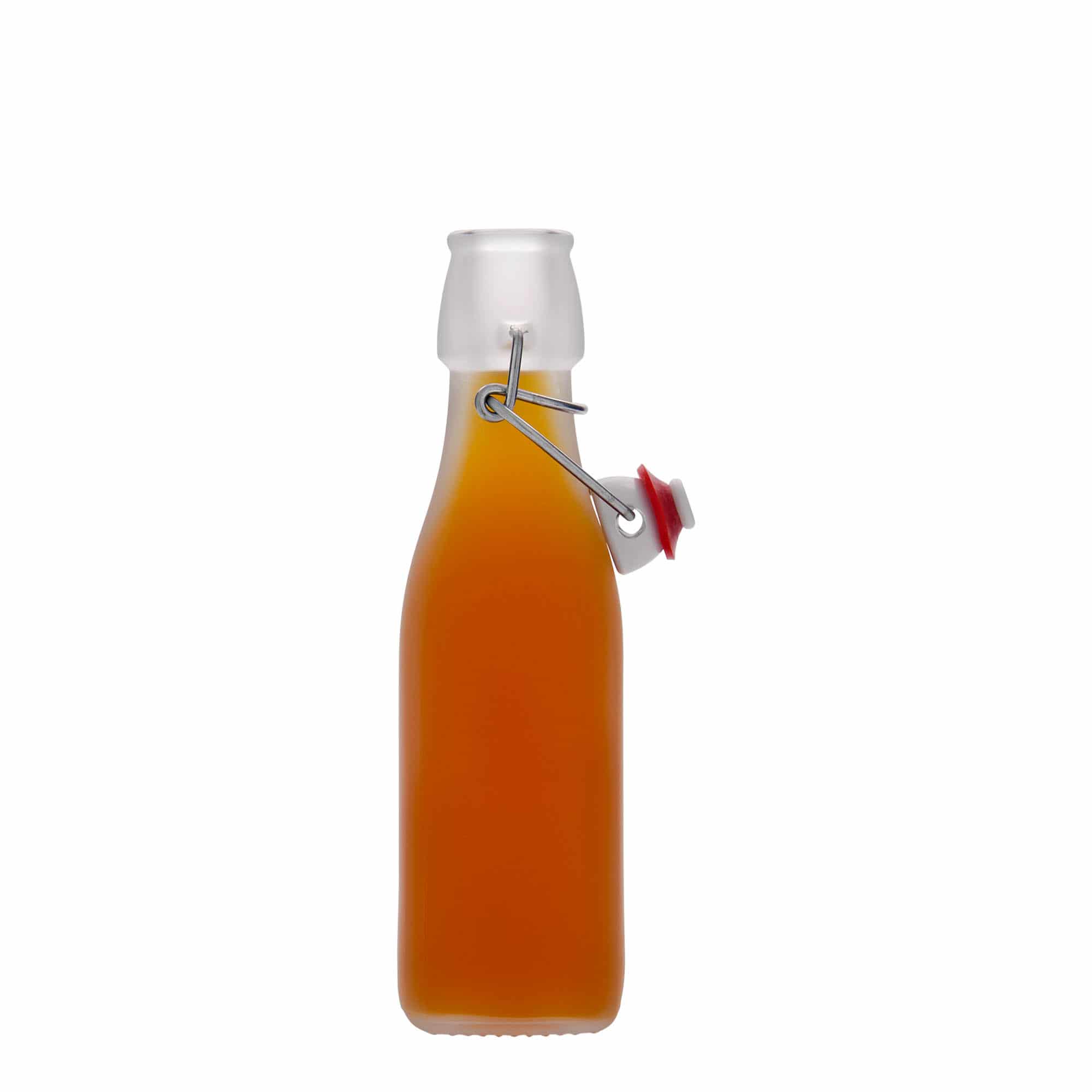 250 ml sklená fľaša „Swing, štvorcová, biela farba, hrdlo: strmeňový uzáver