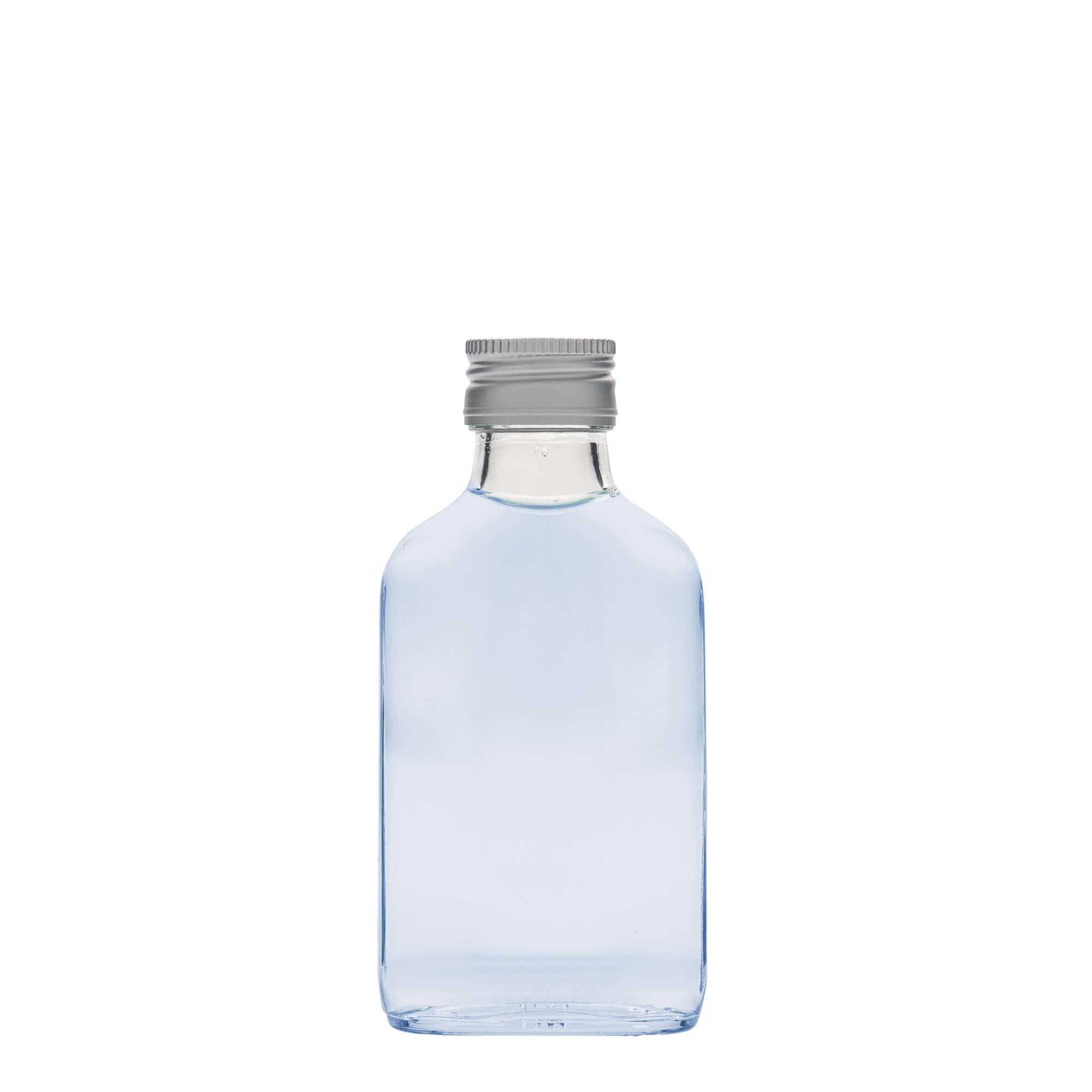 100 ml vrecková fľaša, obdĺžniková, sklo, hrdlo: PP 28