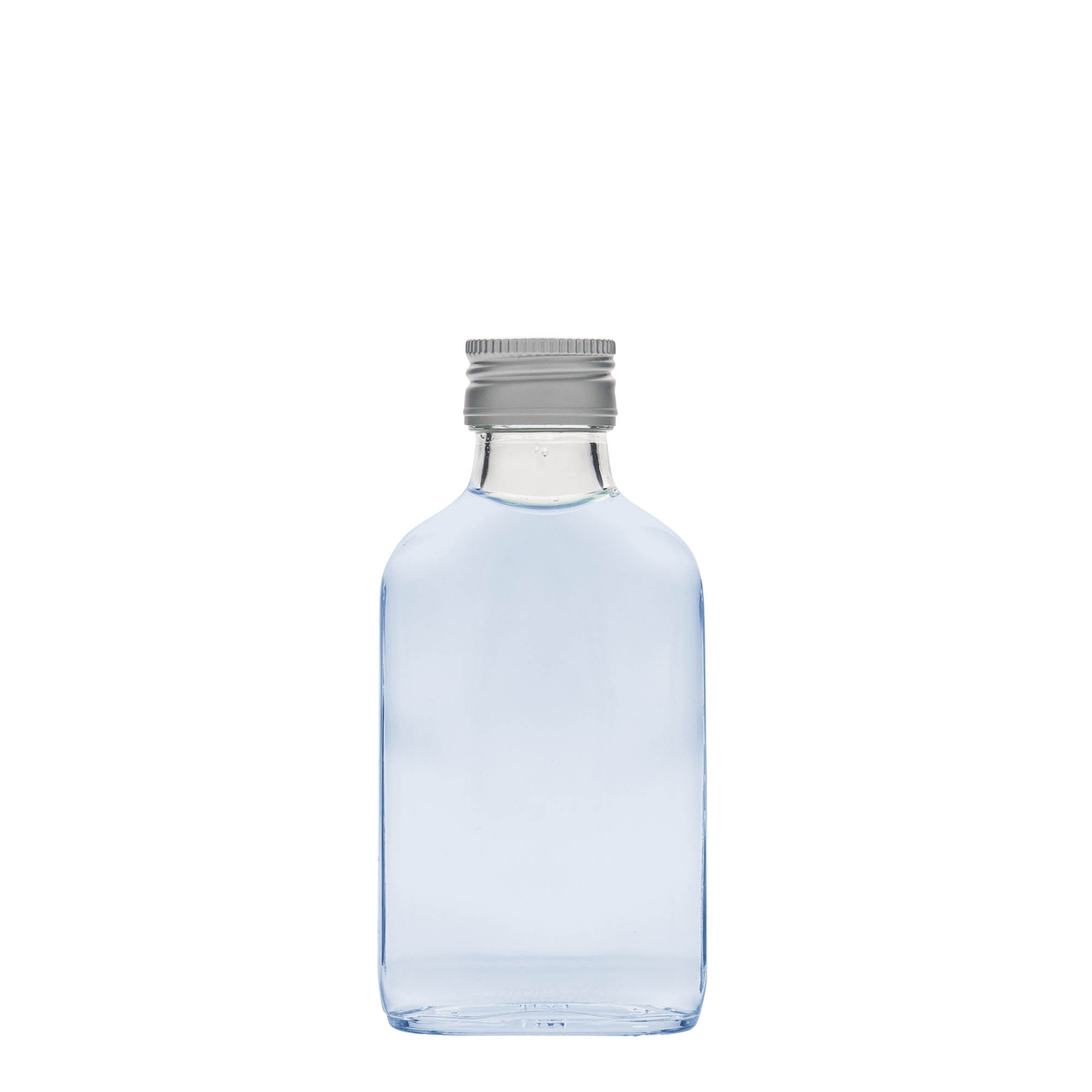 100 ml vrecková fľaša, obdĺžniková, sklo, hrdlo: PP 28 100 ml vrecková fľaša, obdĺžniková, sklo, hrdlo: PP 28