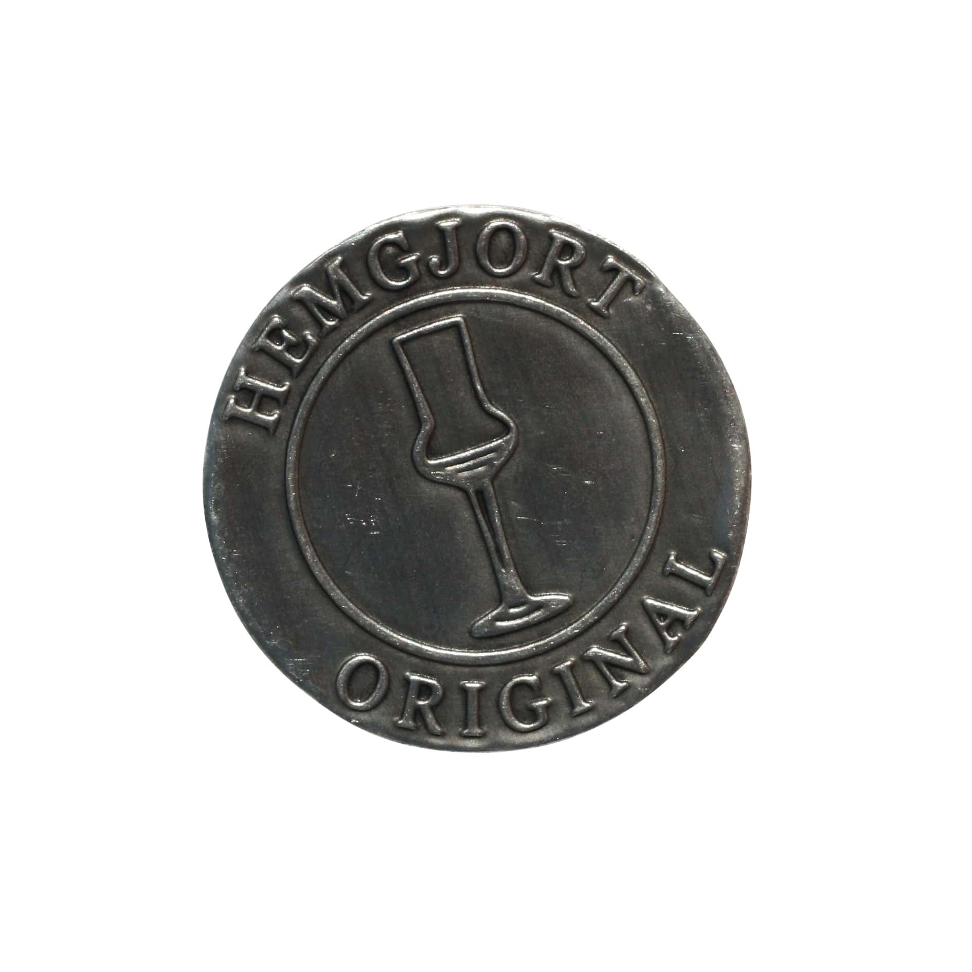 Cínová etiketa „Hemgjort Original“, okrúhla, kov, strieborná farba