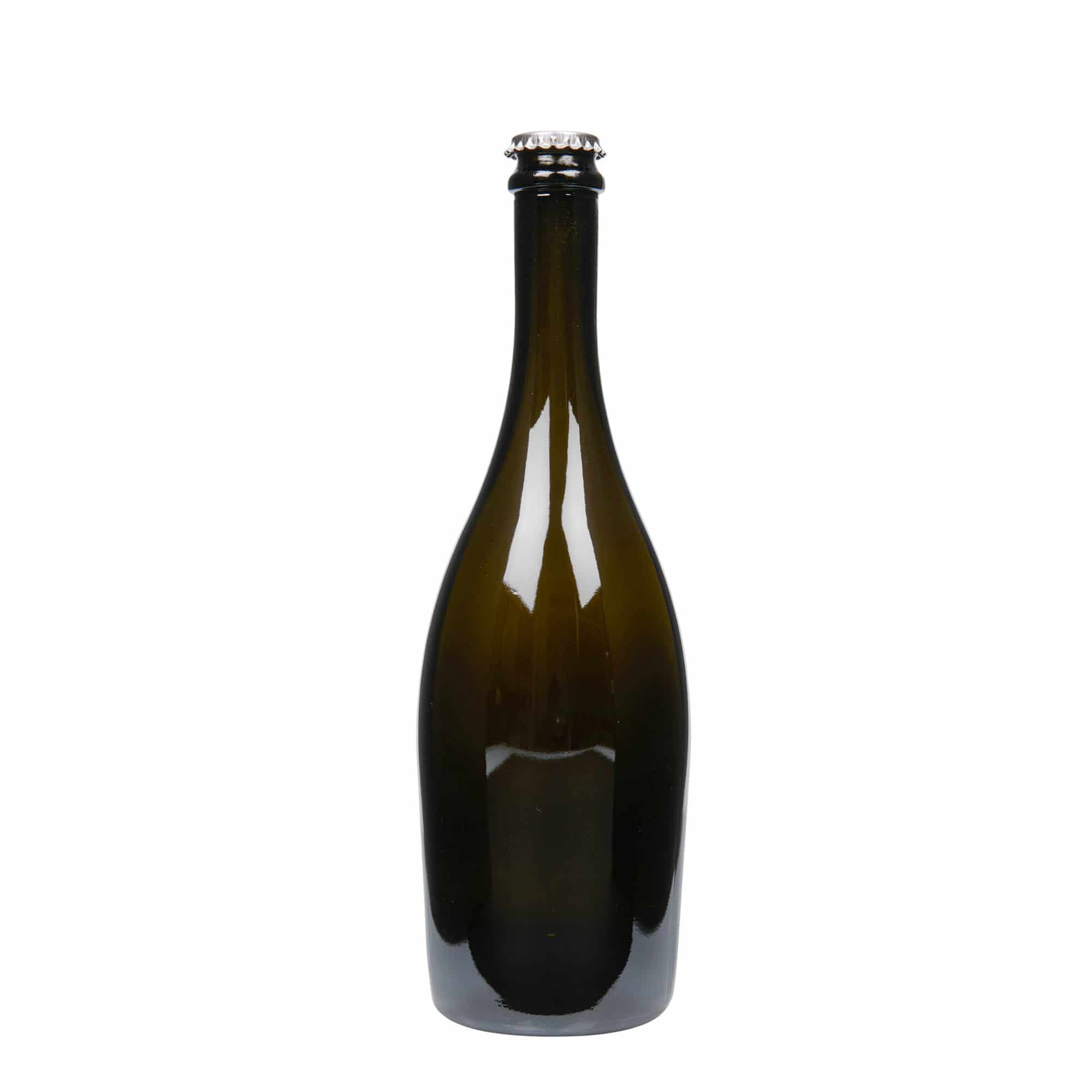 750 ml fľaša na sekt „Carmen“, sklená, antická zelená farba, hrdlo: štupeľ