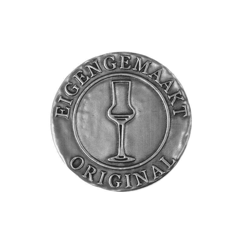 Nálepka na cín 'Eigengemaakt', okrúhla, kov, strieborná Nálepka na cín 'Eigengemaakt', okrúhla, kov, strieborná