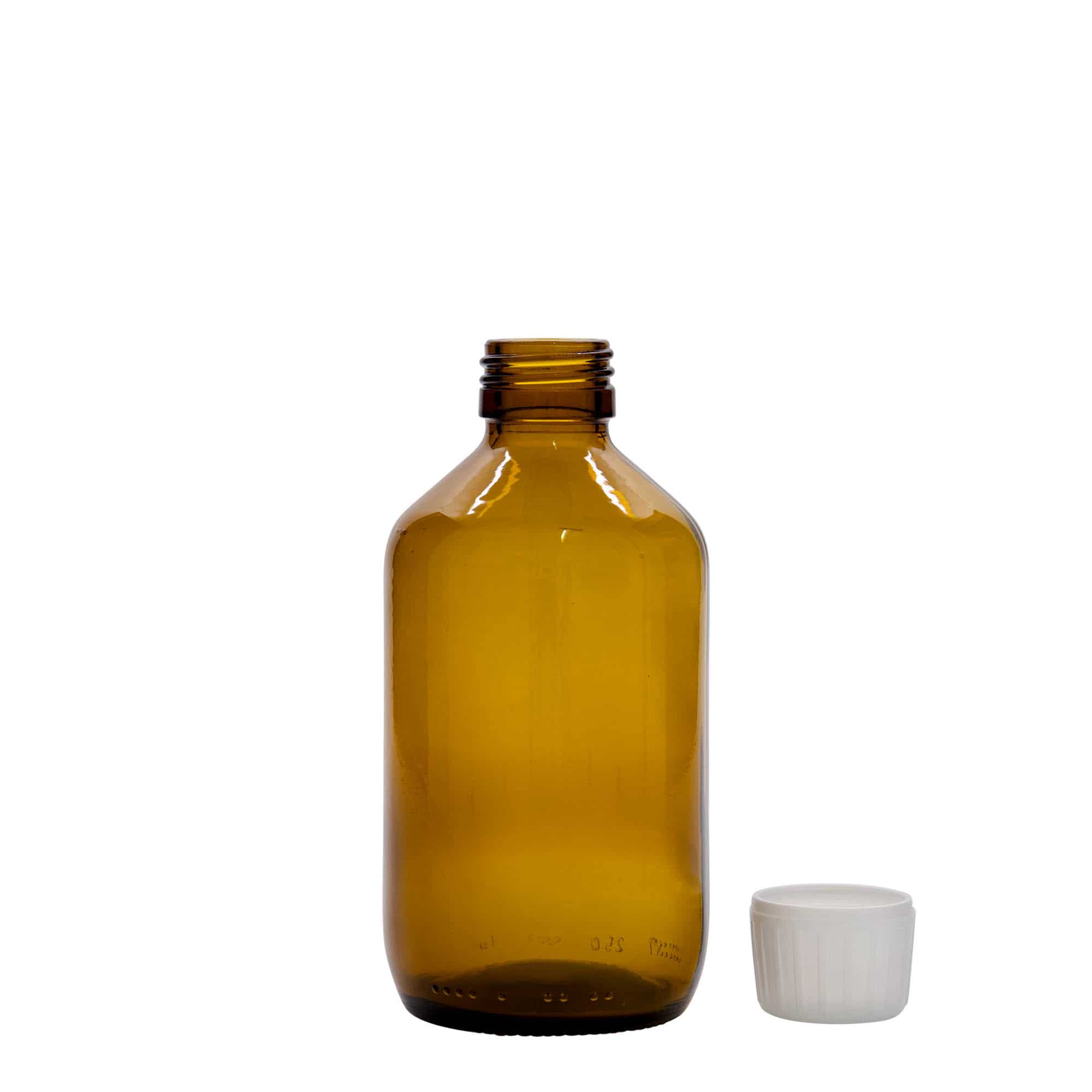 250 ml liekovka, hnedá farba, sklená, hrdlo: PP 28