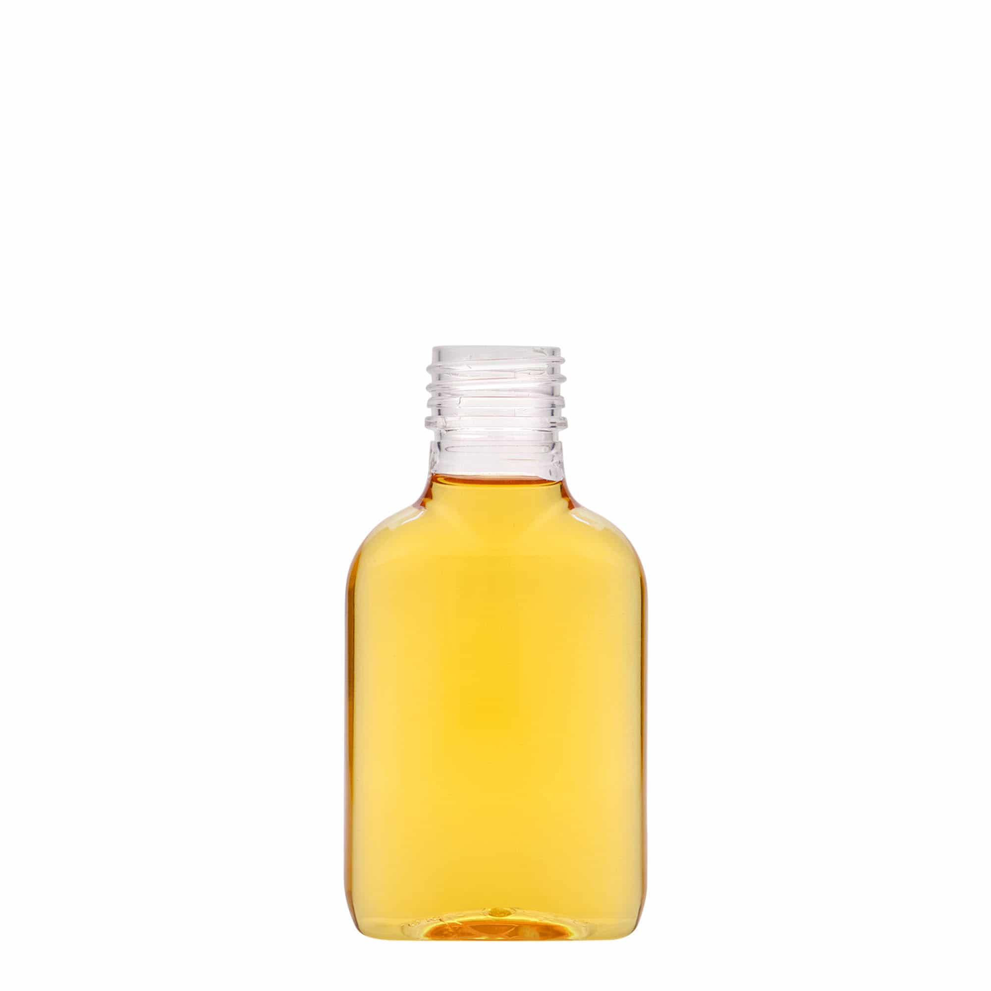 100 ml vrecková fľaša, oválna, PET plast, hrdlo: PP 28