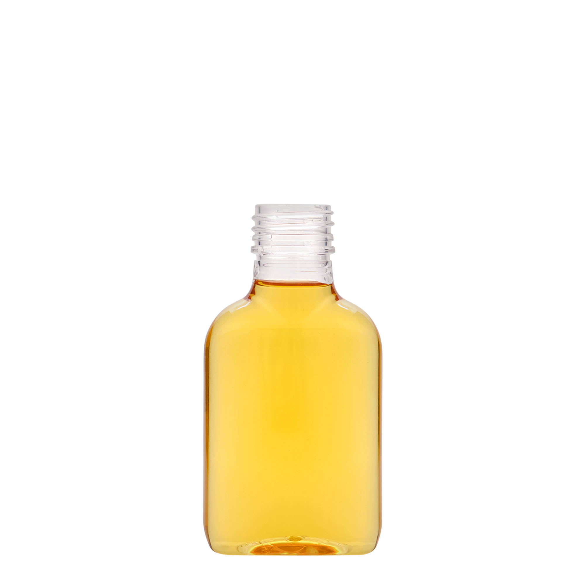 100 ml vrecková fľaša, oválna, PET-plast, hrdlo: PP 28