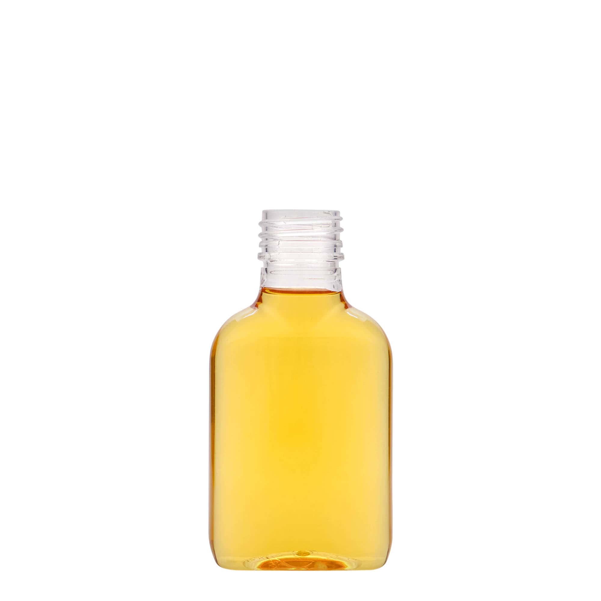 100 ml vrecková fľaša, oválna, PET-plast, hrdlo: PP 28
