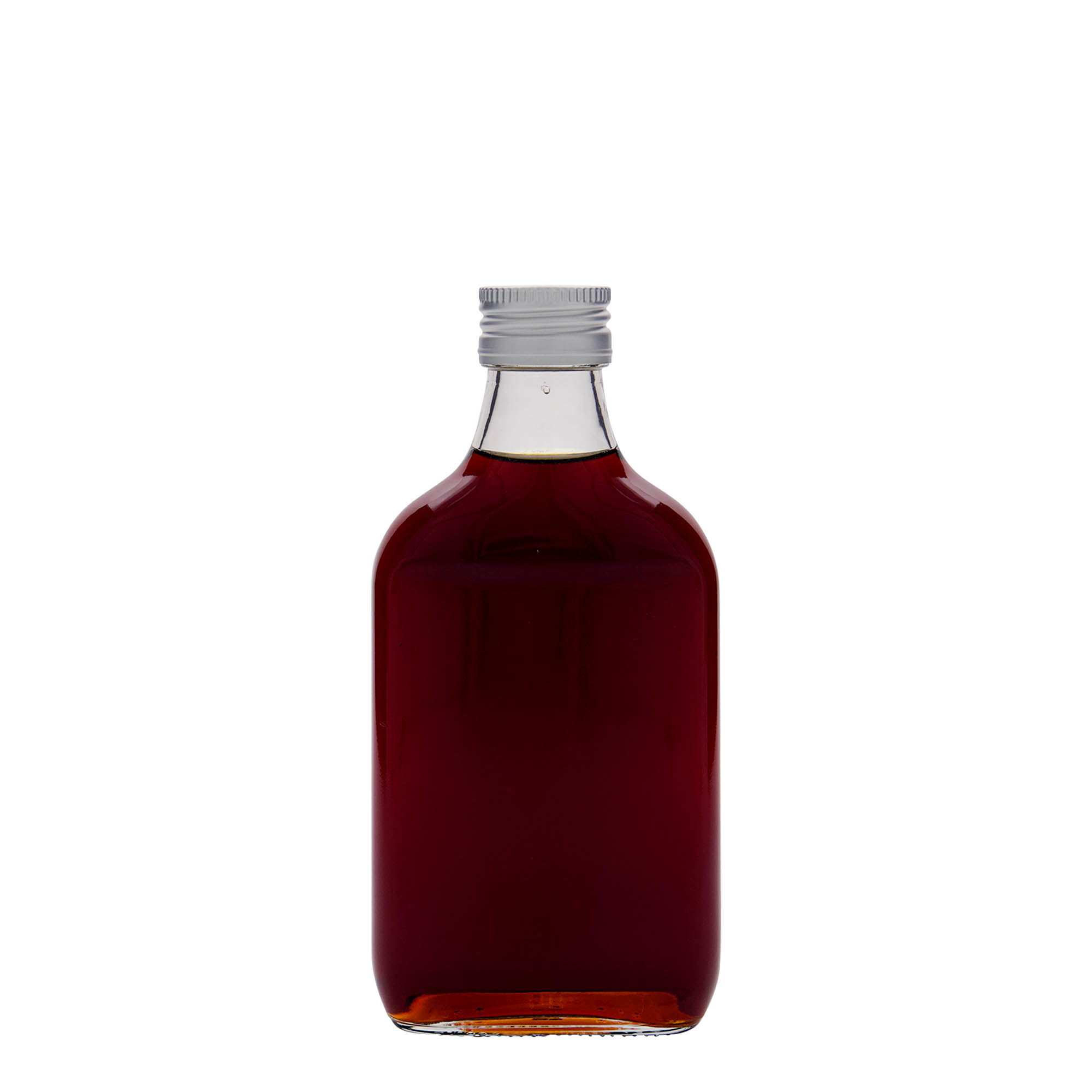 200 ml vrecková fľaša, obdĺžniková, sklo, hrdlo: PP 28