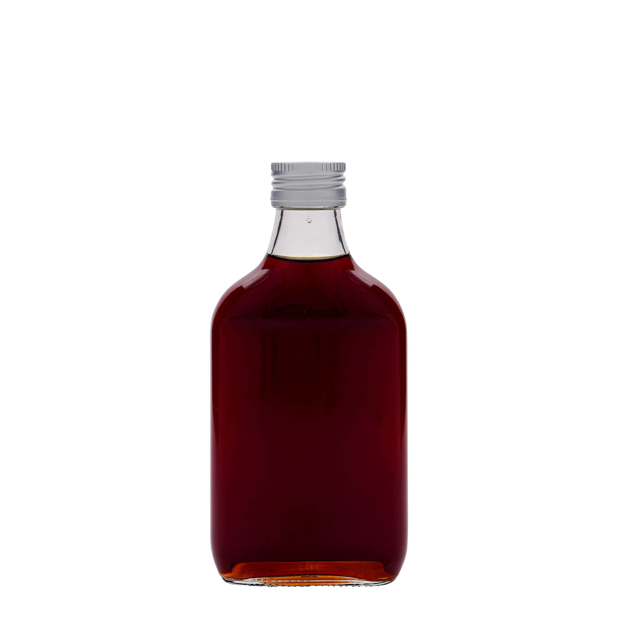 200 ml vrecková fľaša, obdĺžniková, sklo, hrdlo: PP 28