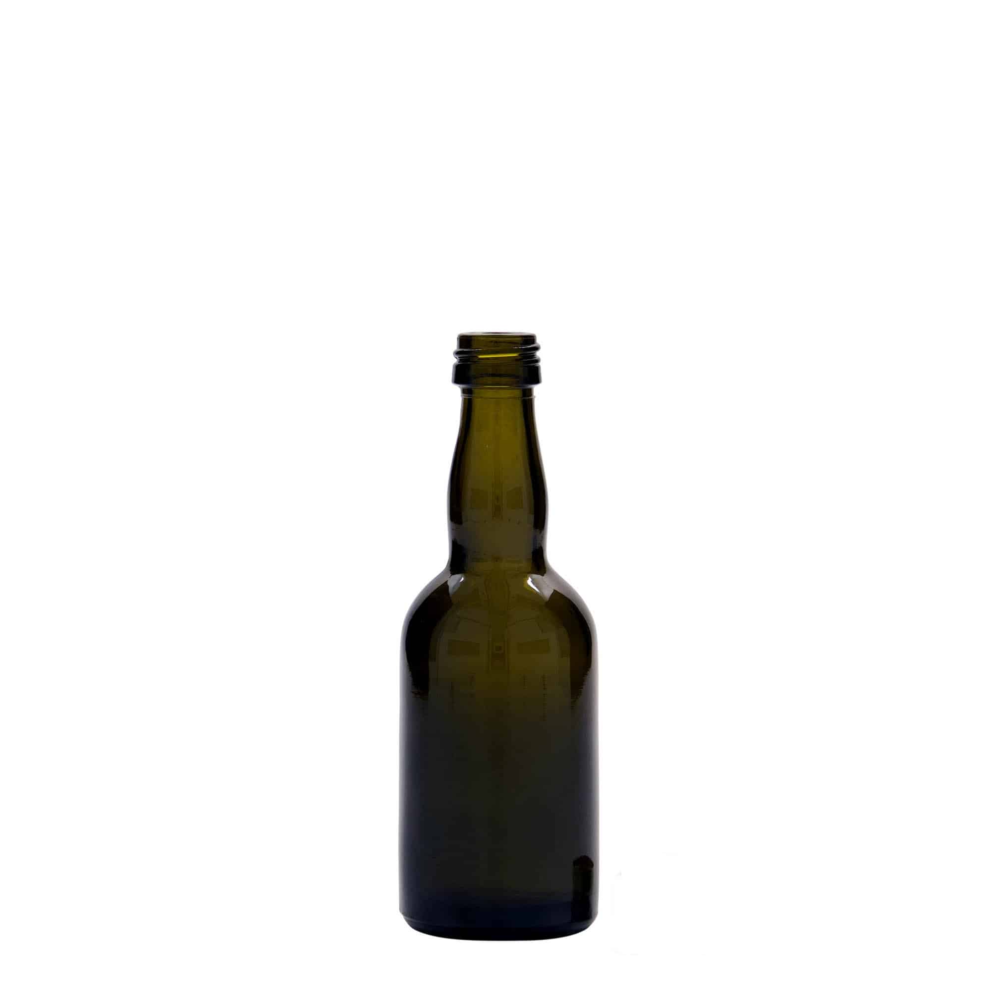 50 ml sklená fľaša „Proba“, antická zelená farba, hrdlo: PP 18 50 ml sklená fľaša „Proba“, antická zelená farba, hrdlo: PP 18