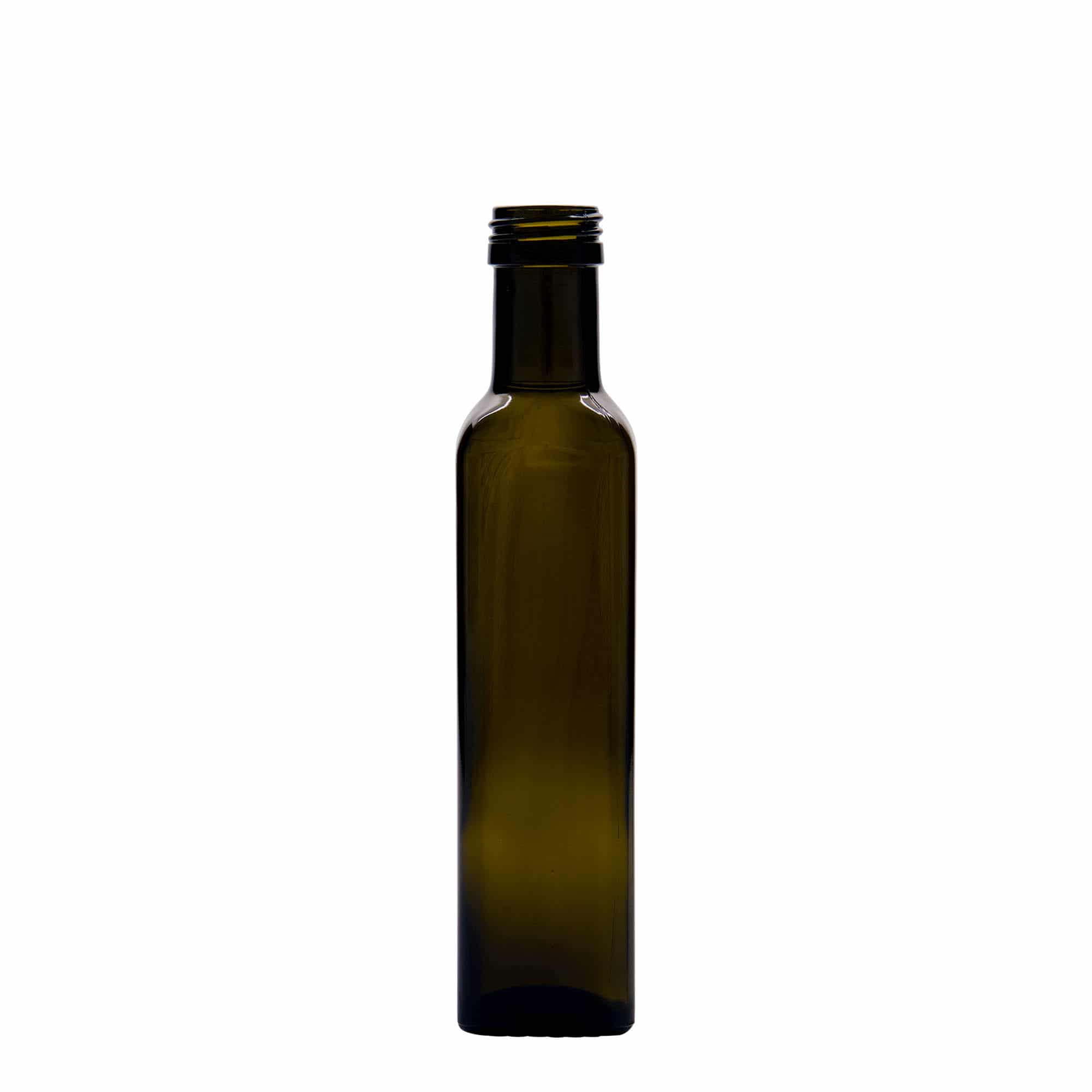 250 ml sklená fľaša „Marasca“, štvorcová, antická zelená farba, hrdlo: PP 31,5
