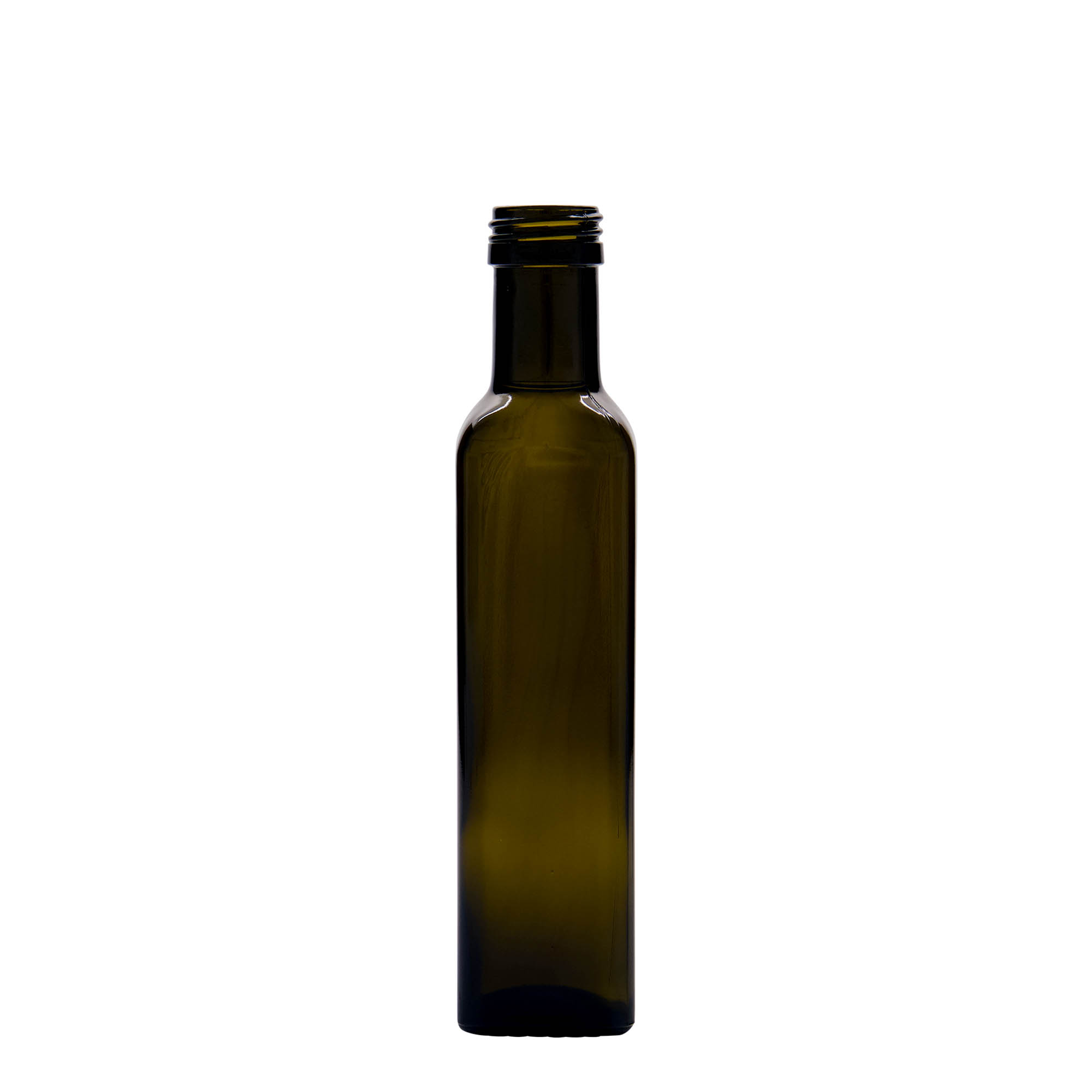 250 ml sklenená fľaša 'Marasca', štvorcová, antik-zelená, hrdlo: PP 31,5