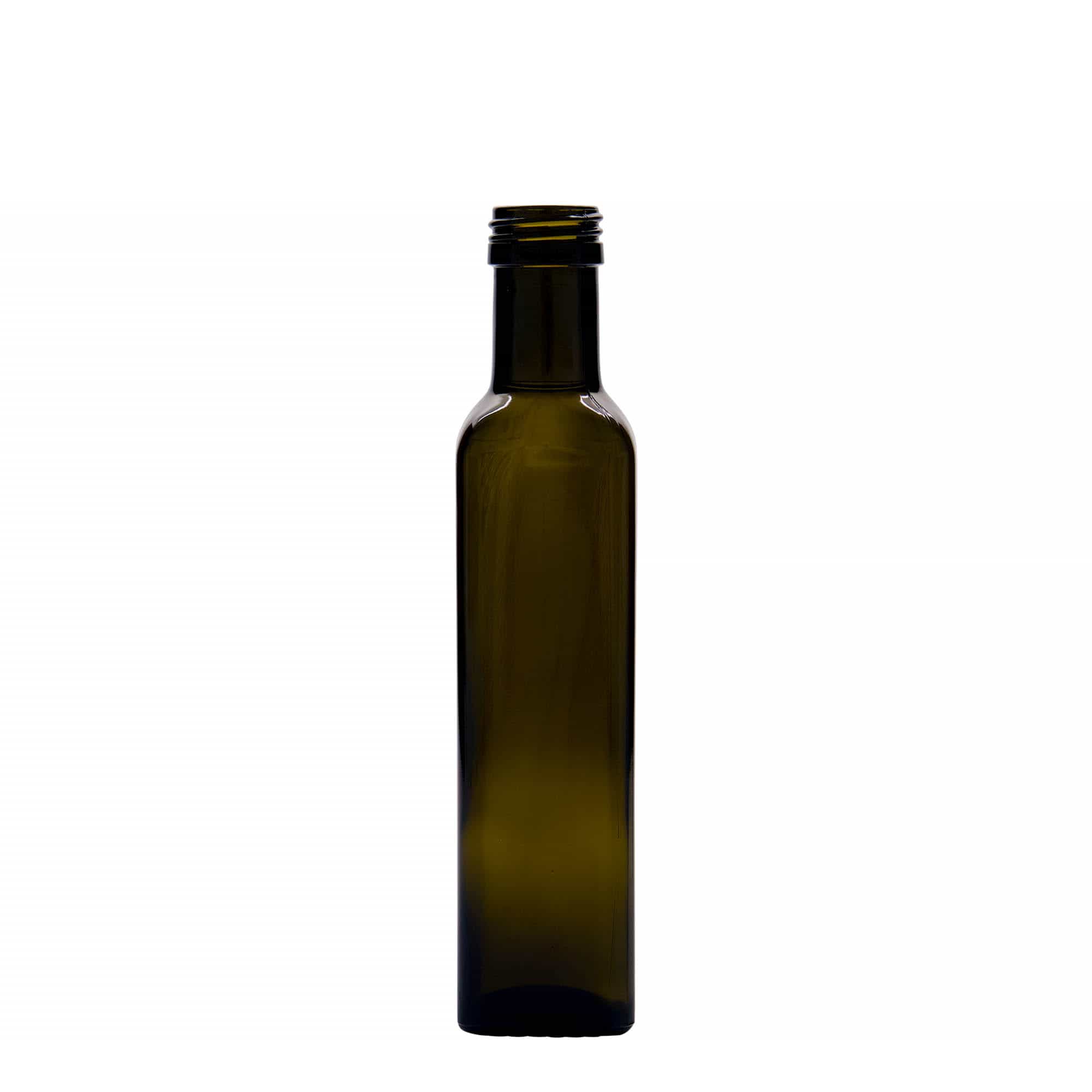 250 ml sklenená fľaša 'Marasca', štvorcová, antik-zelená, hrdlo: PP 31,5