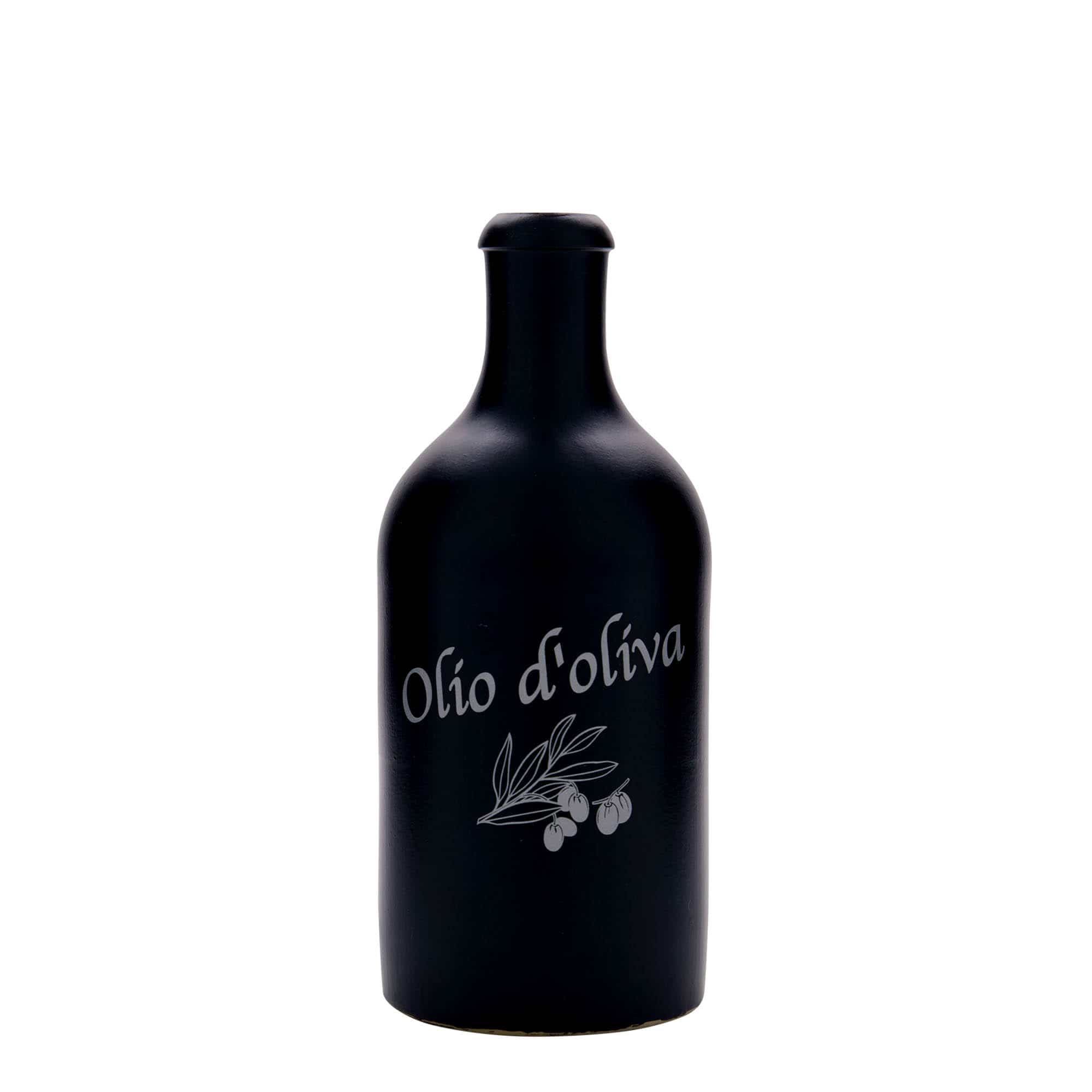 500 ml hlinený krčah, motív: Olio d“Oliva, kamenina, čierna farba, hrdlo: korok 500 ml hlinený krčah, motív: Olio d“Oliva, kamenina, čierna farba, hrdlo: korok
