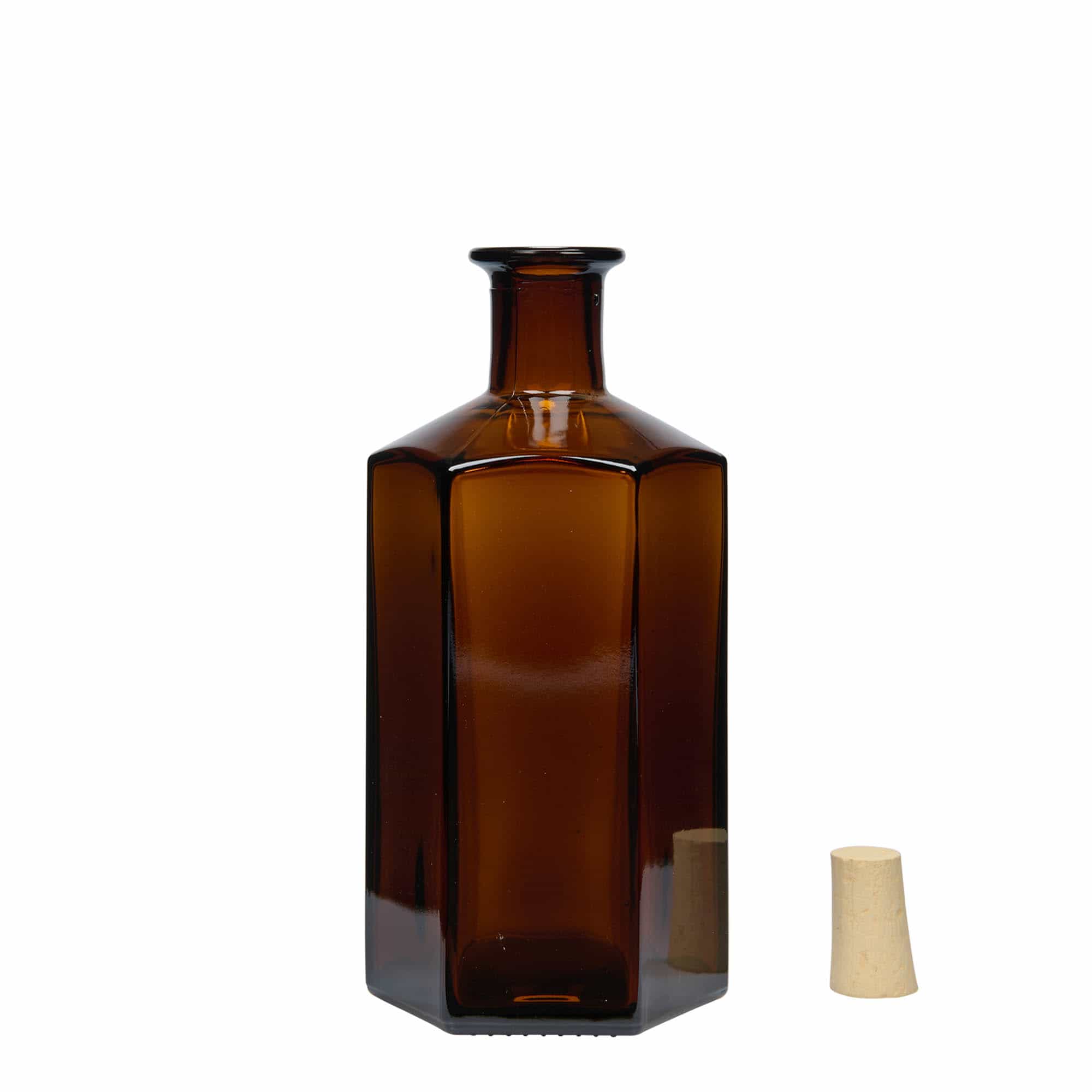 500 ml sklenená fľaša Apothecary „Jimmy“. šesťhranná. hnedá. Hrdlo: korok