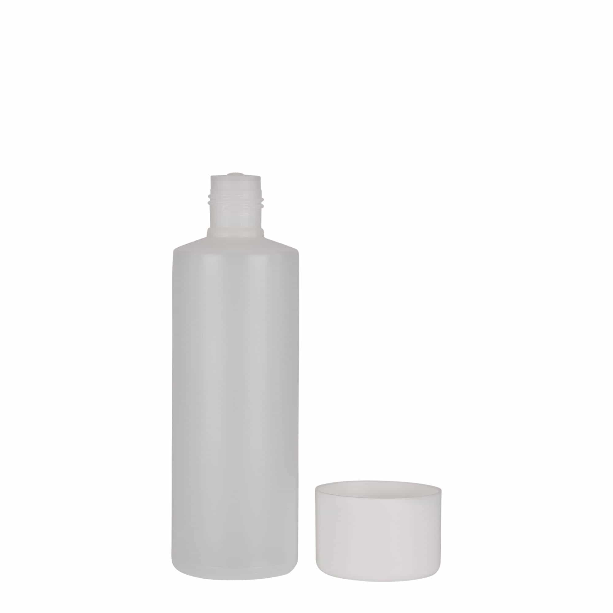 200 ml okrúhla fľaša, PE plast, prírodná farba, hrdlo: skrutkovací uzáver