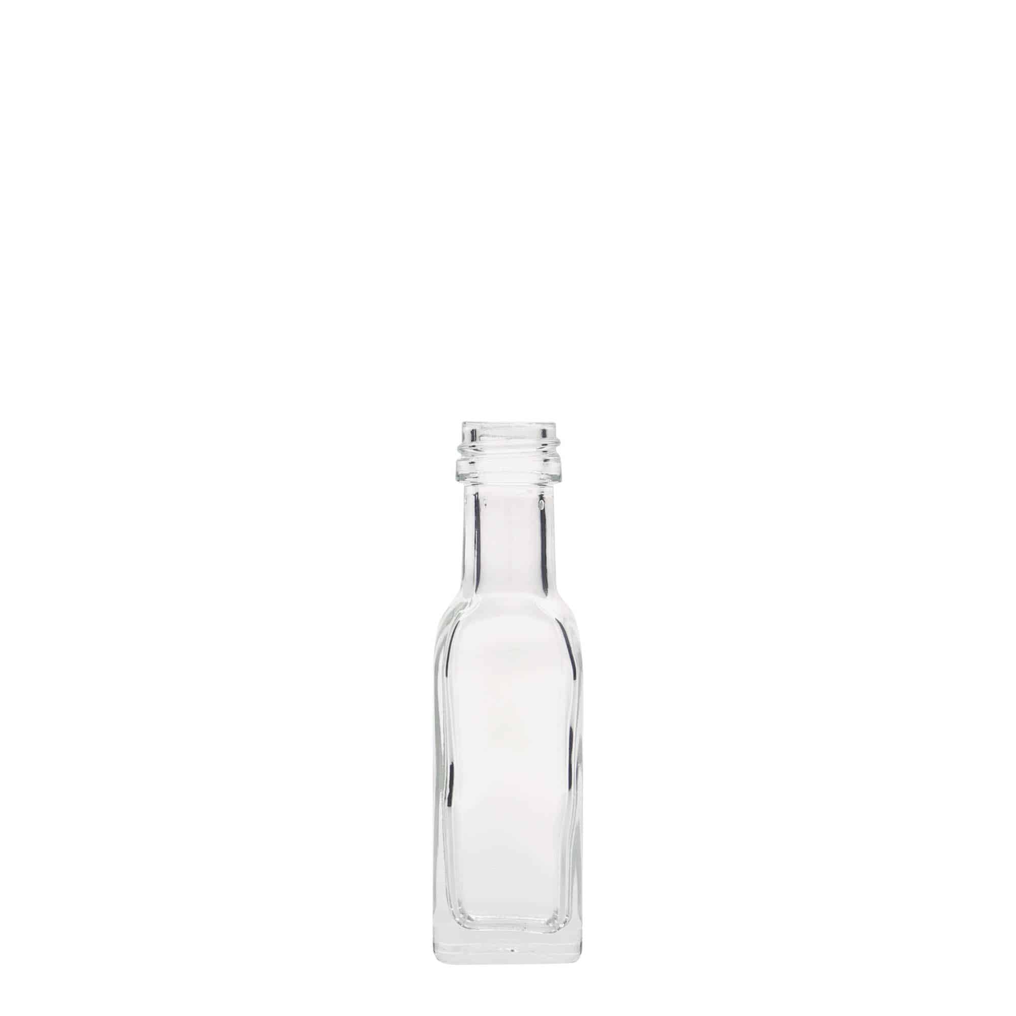 20 ml sklená fľaša „Marasca“, štvorcová, hrdlo: PP 18 20 ml sklená fľaša „Marasca“, štvorcová, hrdlo: PP 18