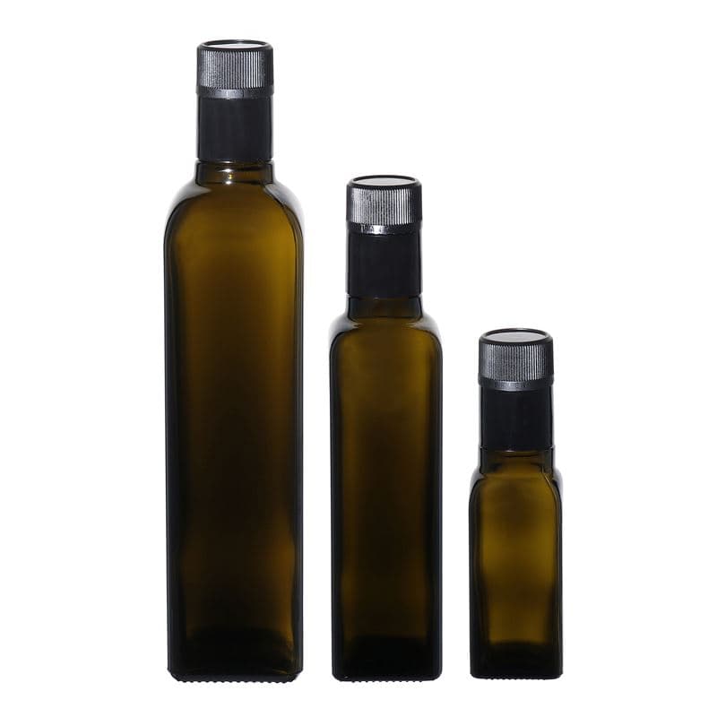 100 ml fľaša na ocot/olej „Quadra“, sklená, štvorcová, antická zelená farba, hrdlo: DOP
