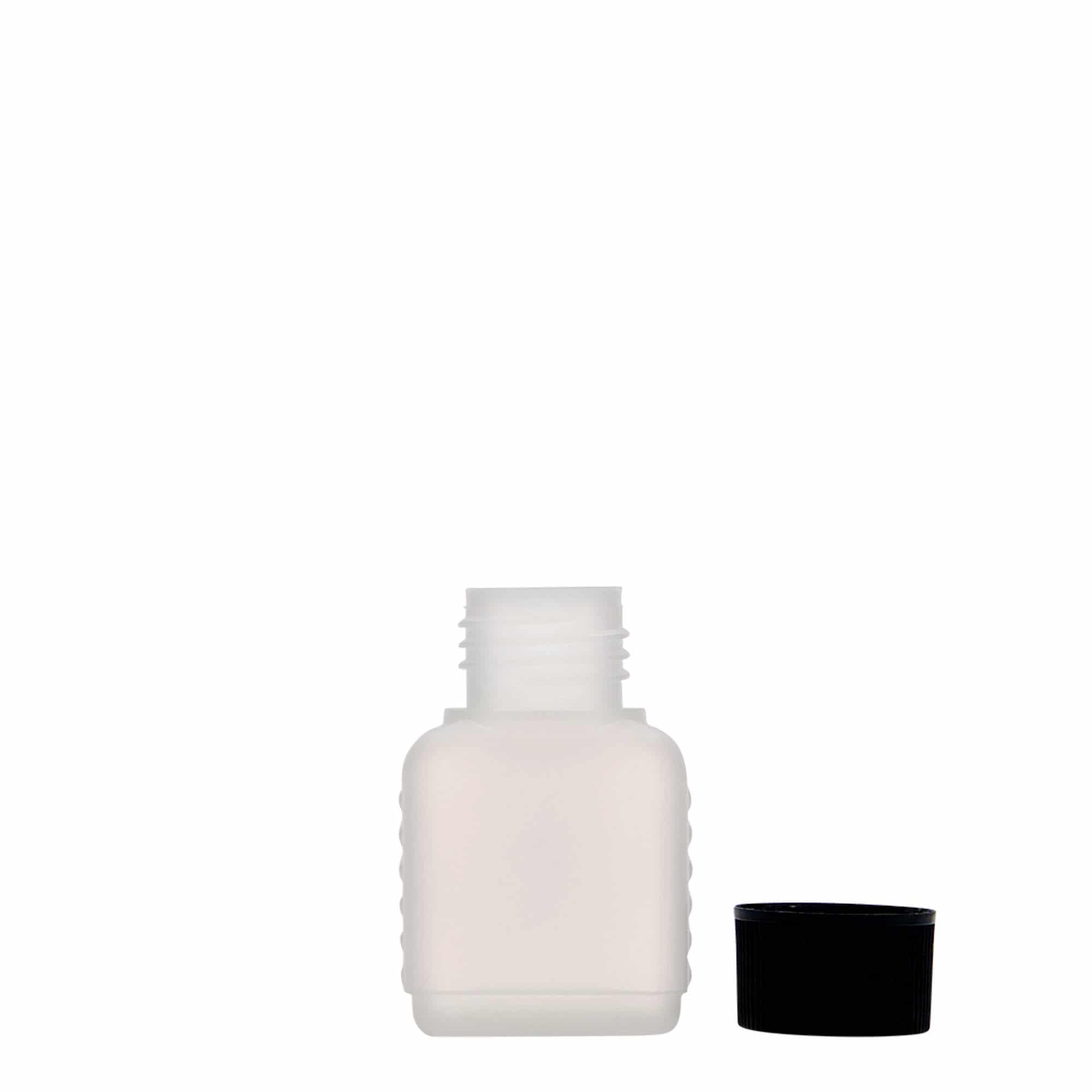 50 ml bandasková fľaša, obdĺžniková, HDPE plast, prírodná farba, hrdlo: DIN 25