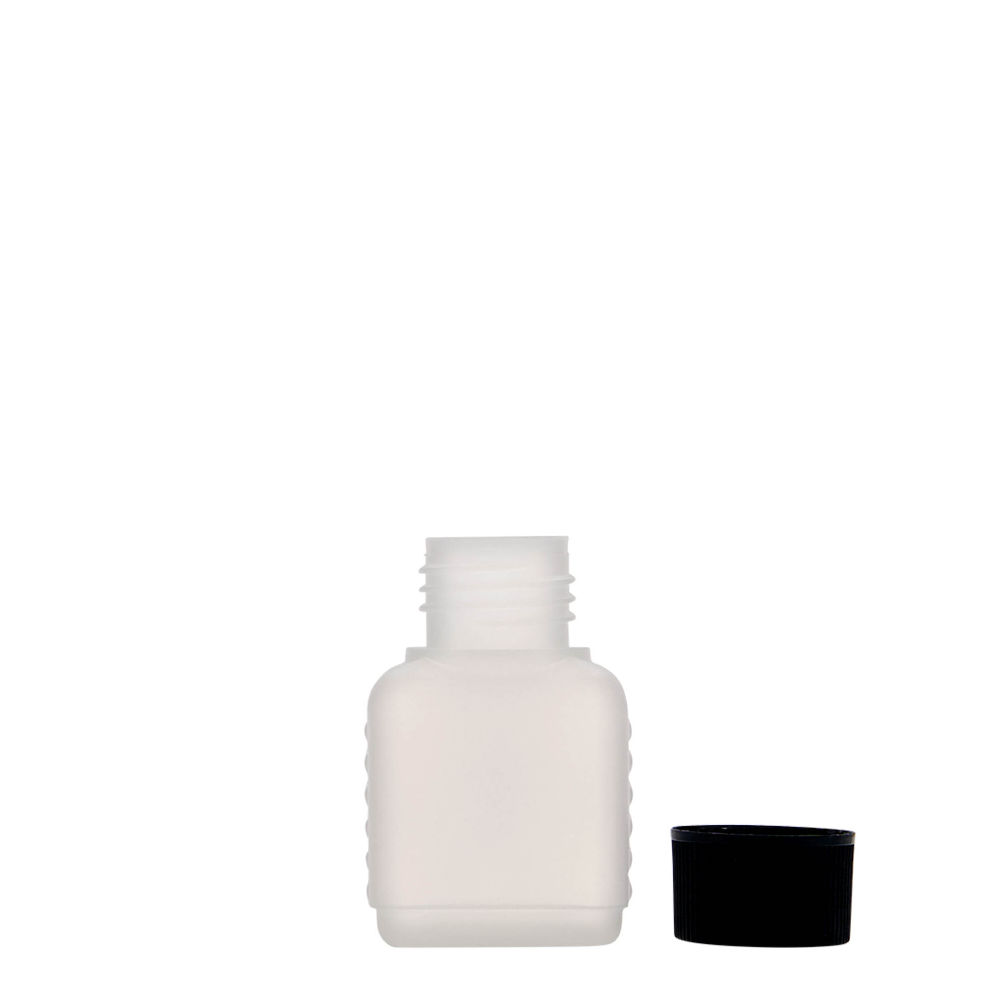 50 ml kanistrová fľaša, obdĺžniková, HDPE plast, prírodná, hrdlo: DIN 25