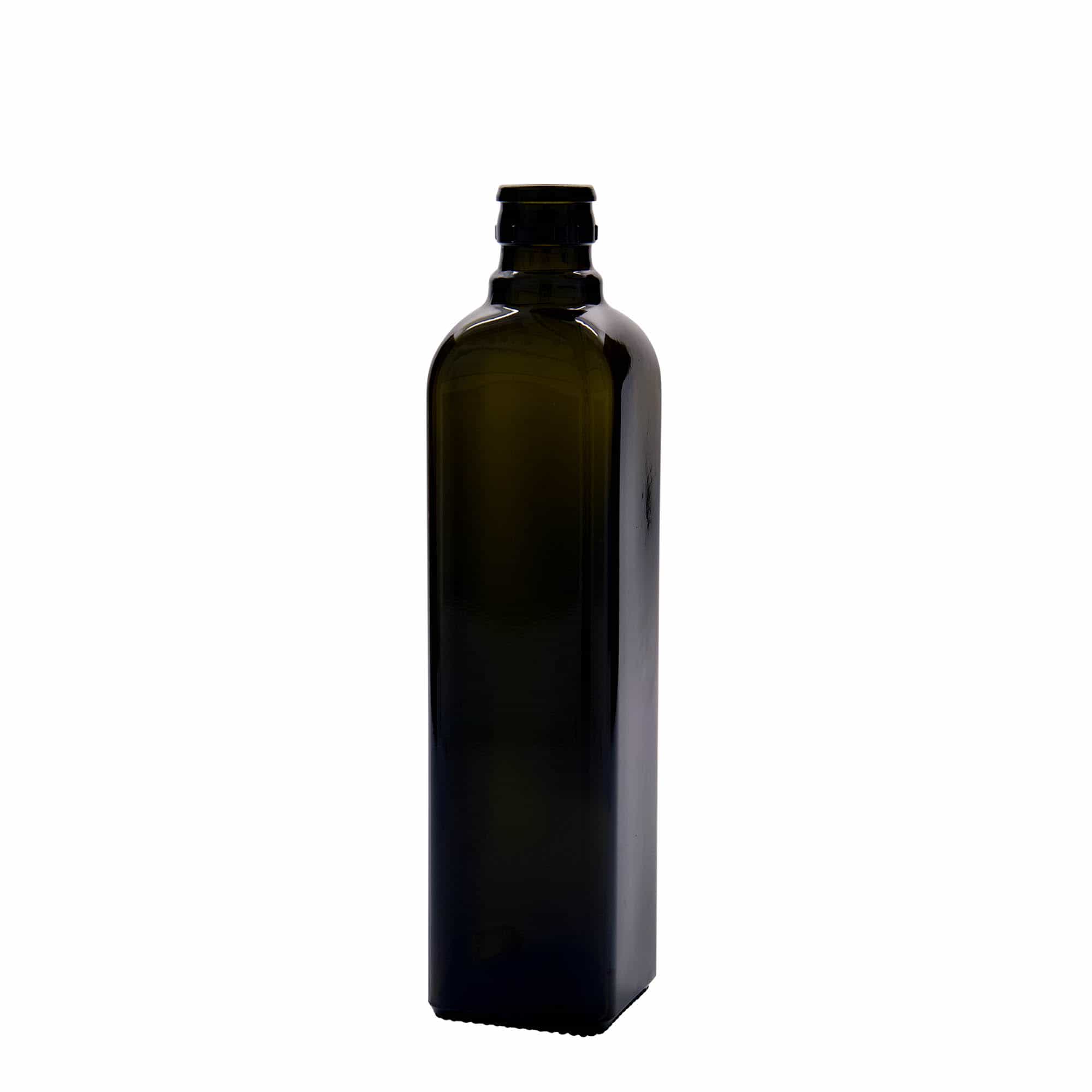 500 ml fľaša na ocot/olej „Quadra“, sklená, štvorcová, antická zelená farba, hrdlo: DOP