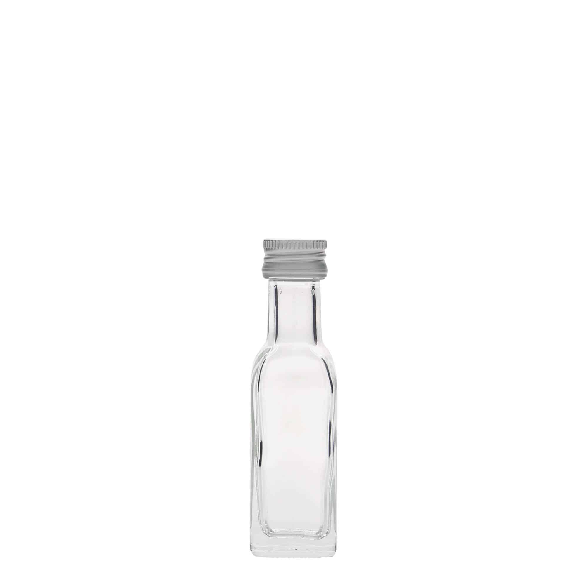 20 ml sklená fľaša „Marasca“, štvorcová, hrdlo: PP 18