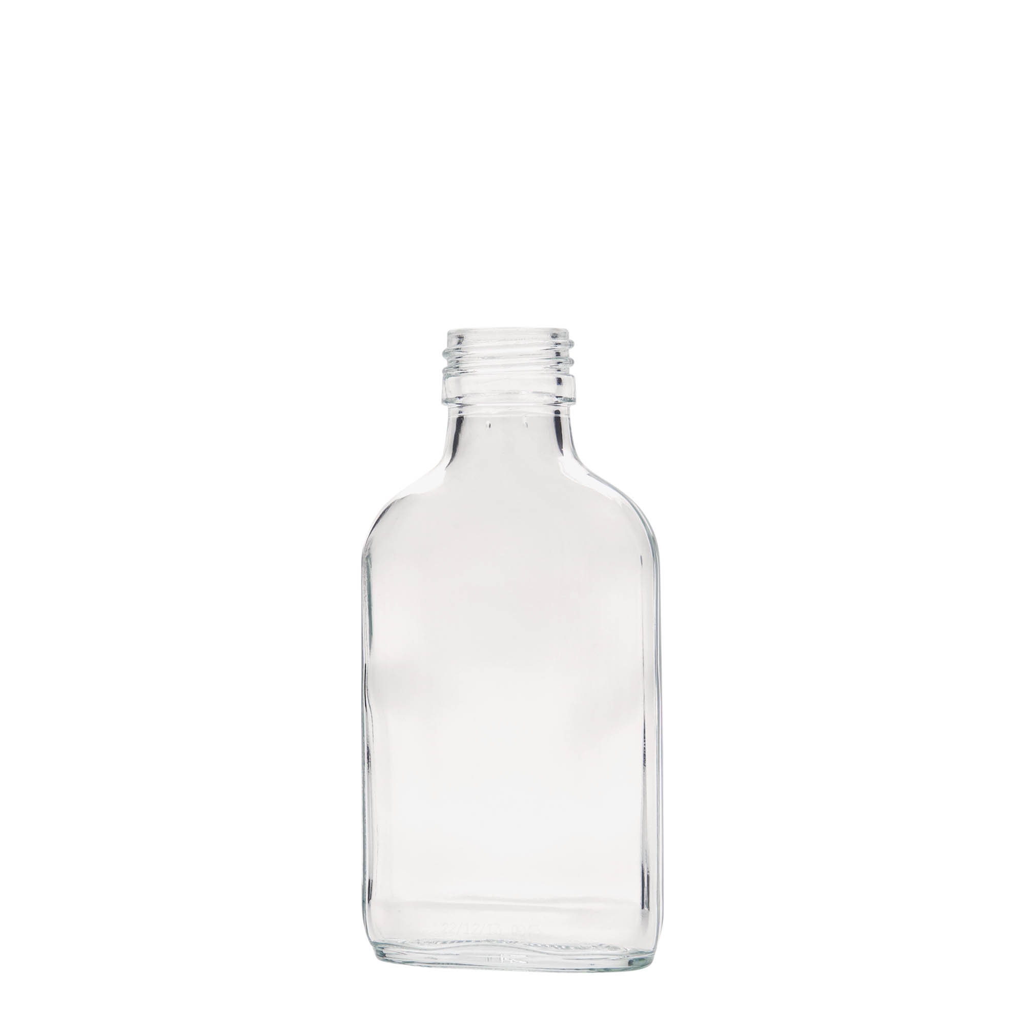 100 ml vrecková fľaša, obdĺžniková, sklo, hrdlo: PP 28 100 ml vrecková fľaša, obdĺžniková, sklo, hrdlo: PP 28