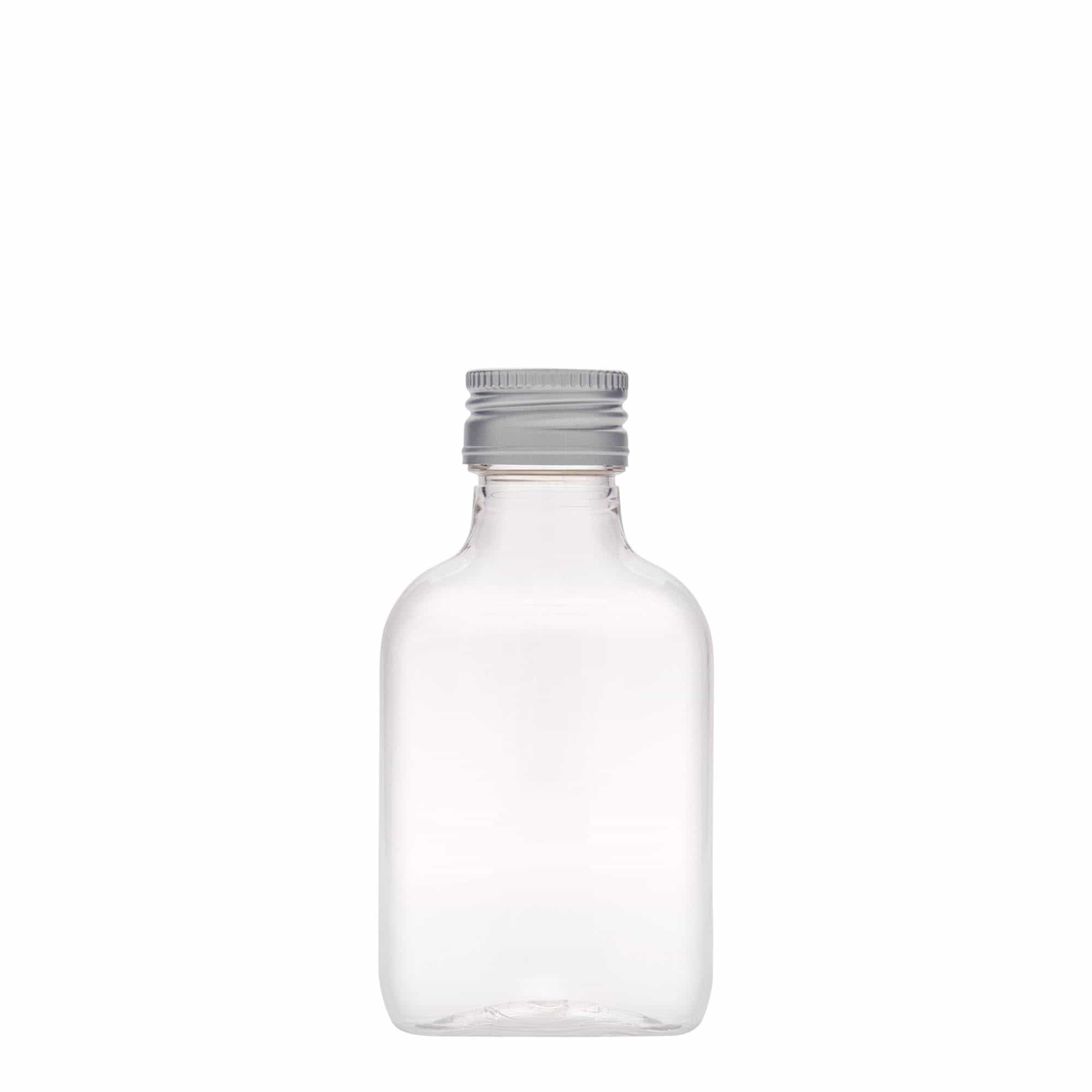 100 ml vrecková fľaša, oválna, PET plast, hrdlo: PP 28