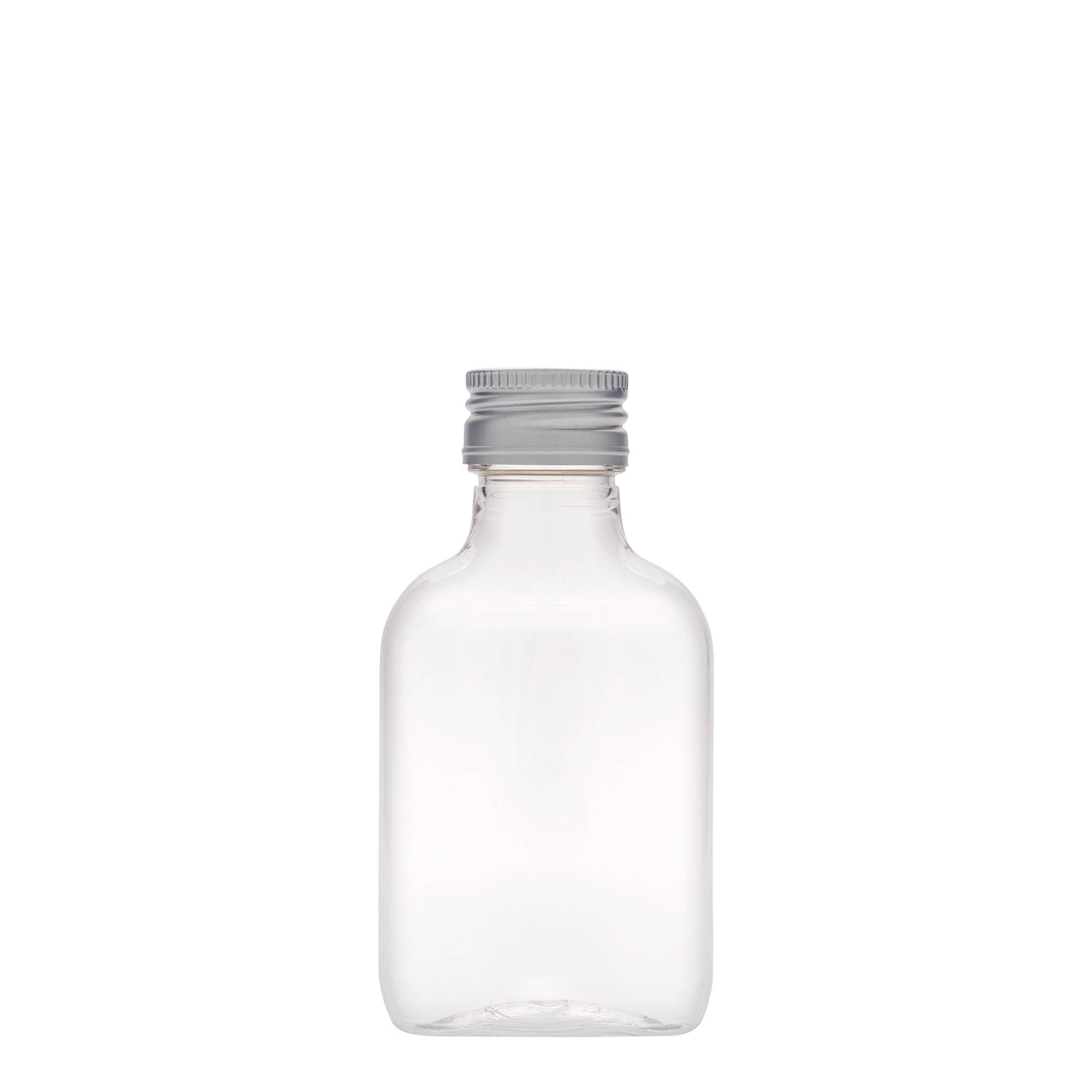 100 ml vrecková fľaša, oválna, PET-plast, hrdlo: PP 28
