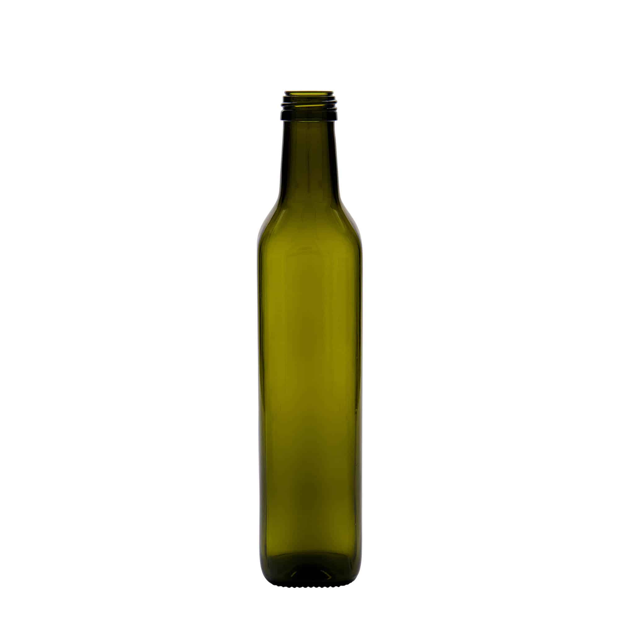 500 ml sklená fľaša „Marasca“, štvorcová, antická zelená farba, hrdlo: PP 31,5 500 ml sklená fľaša „Marasca“, štvorcová, antická zelená farba, hrdlo: PP 31,5