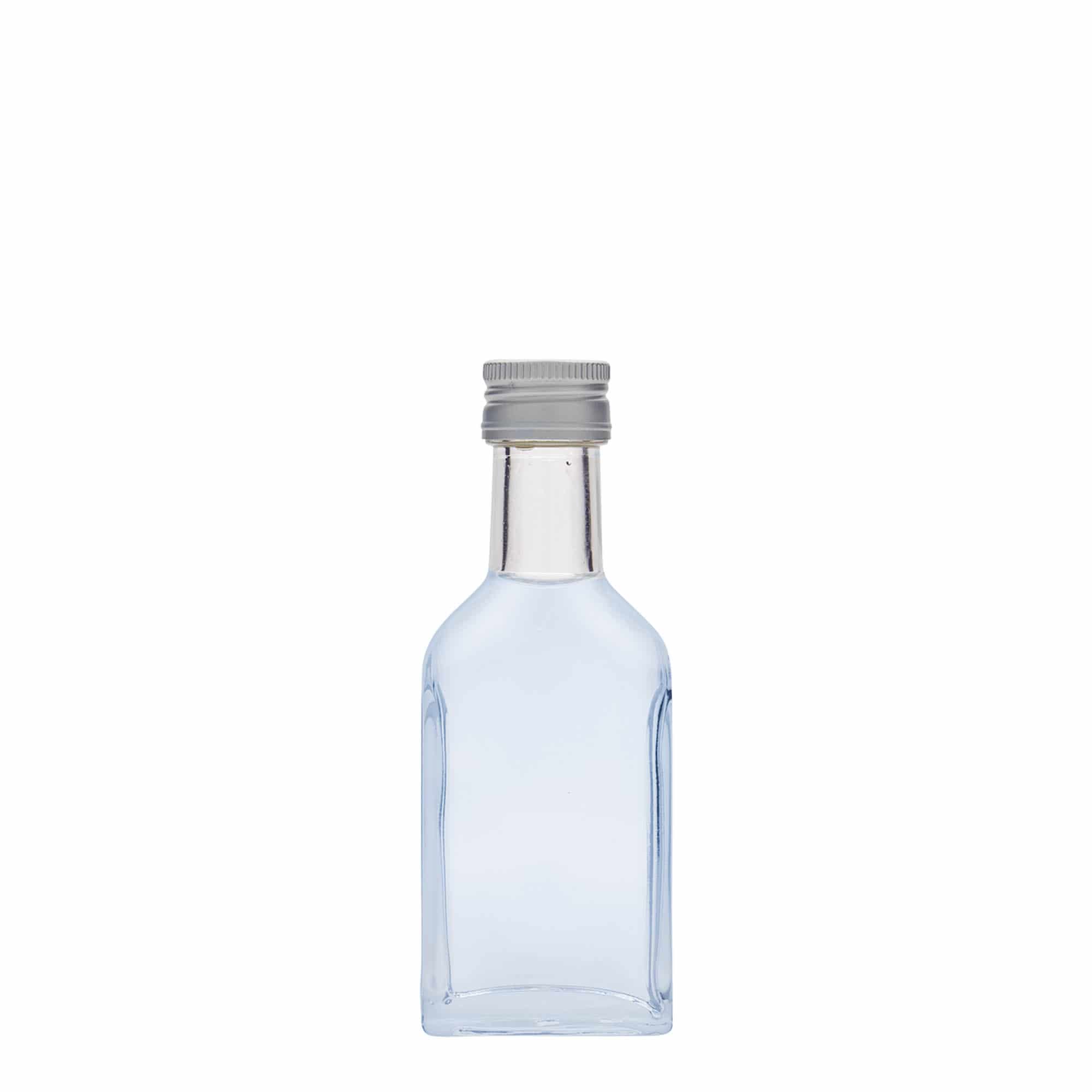 40 ml vrecková fľaša s dlhým hrdlom, obdĺžniková, sklo, hrdlo: PP 22