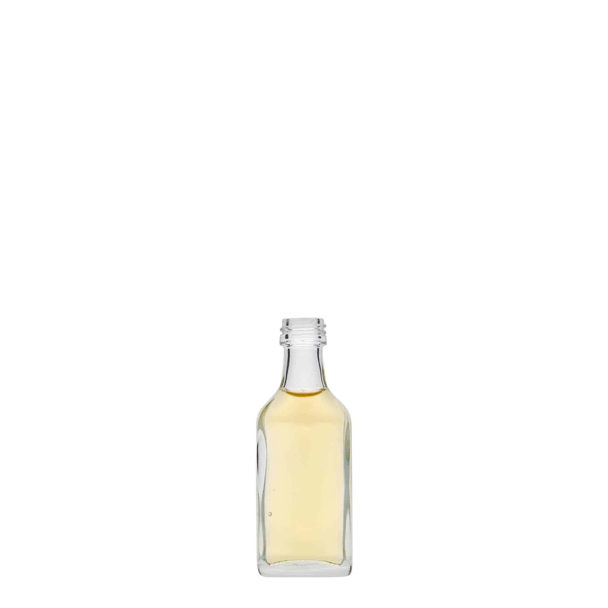 20 ml vrecková fľaša, obdĺžniková, sklená, hrdlo: PP 18
