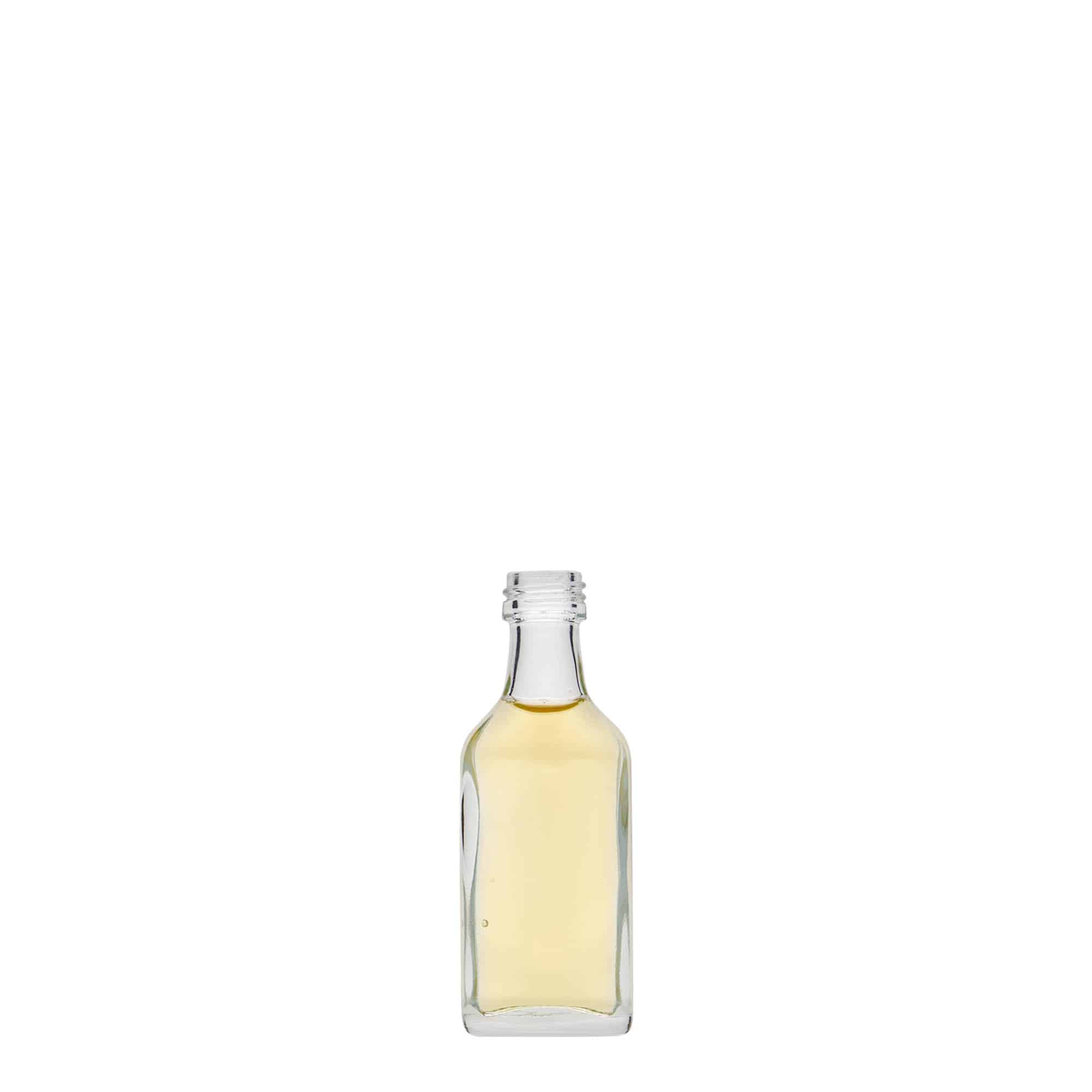 20 ml vrecková fľaštička, obdĺžniková, sklo, hrdlo: PP 18