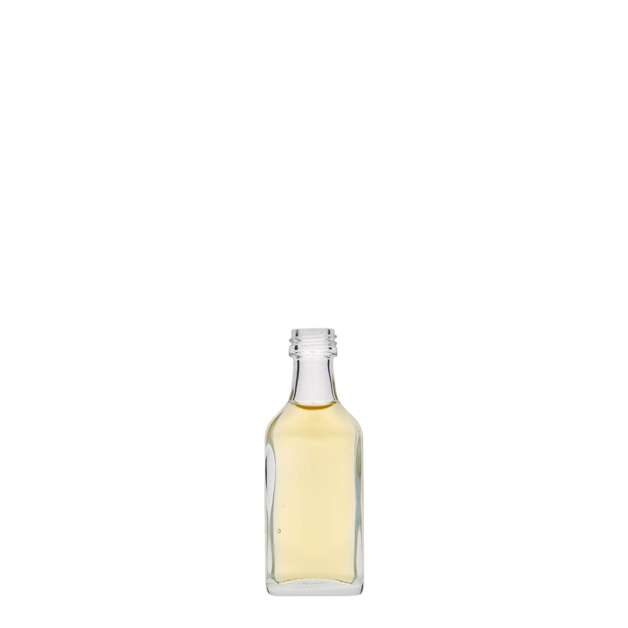 20 ml vrecková fľaštička, obdĺžniková, sklo, hrdlo: PP 18