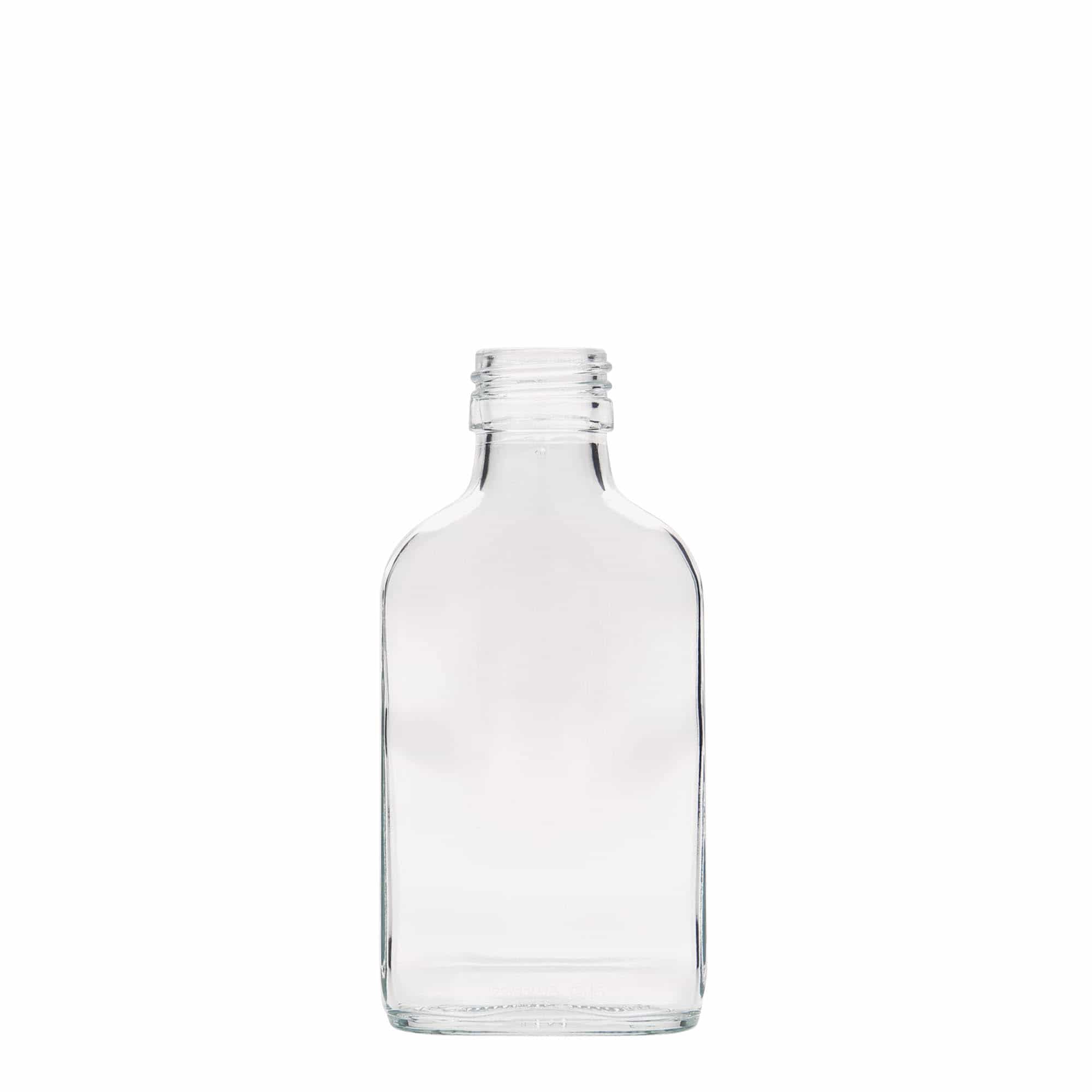 100 ml vrecková fľaša, obdĺžniková, sklená, hrdlo: PP 28 100 ml vrecková fľaša, obdĺžniková, sklená, hrdlo: PP 28