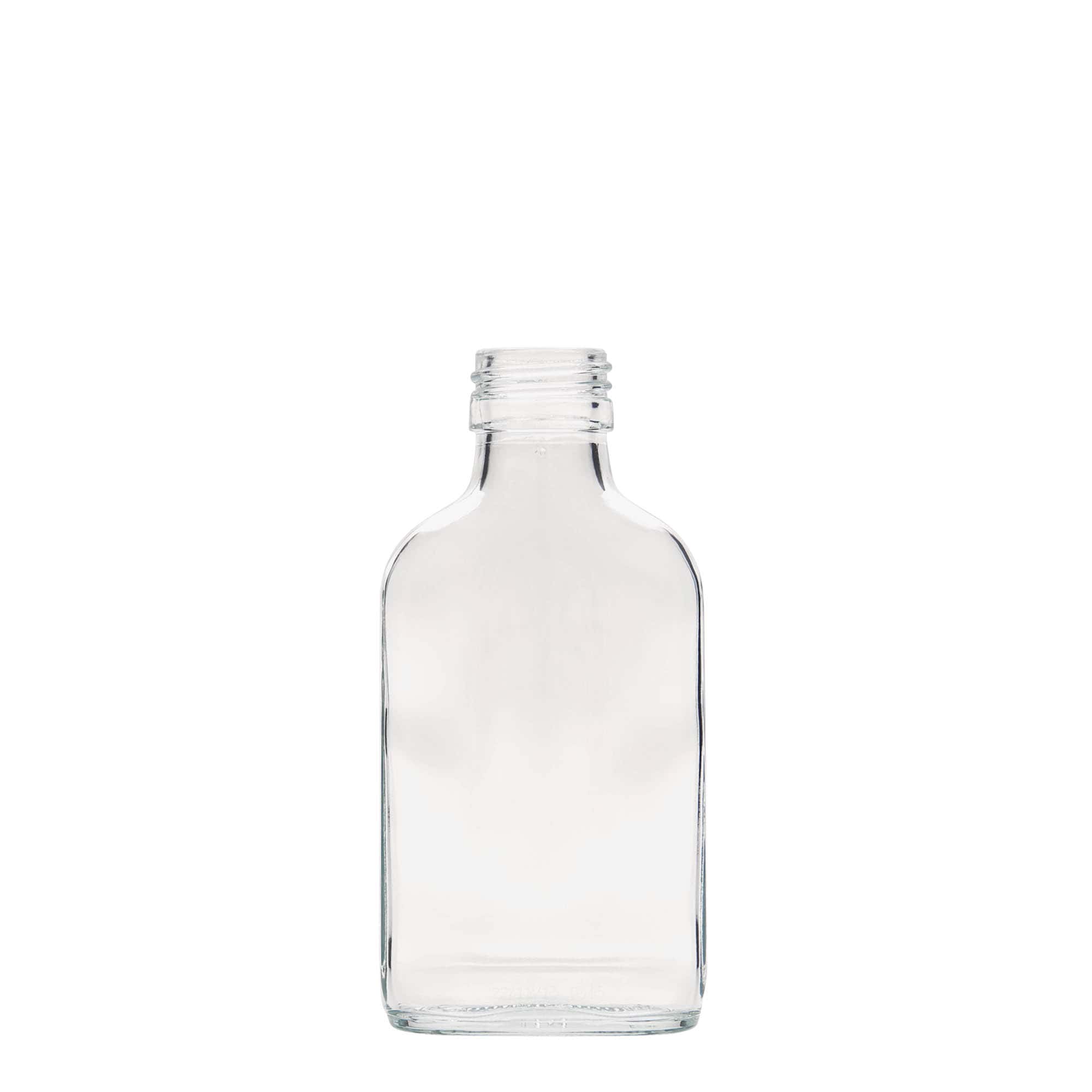 100 ml vrecková fľaša, obdĺžniková, sklo, hrdlo: PP 28