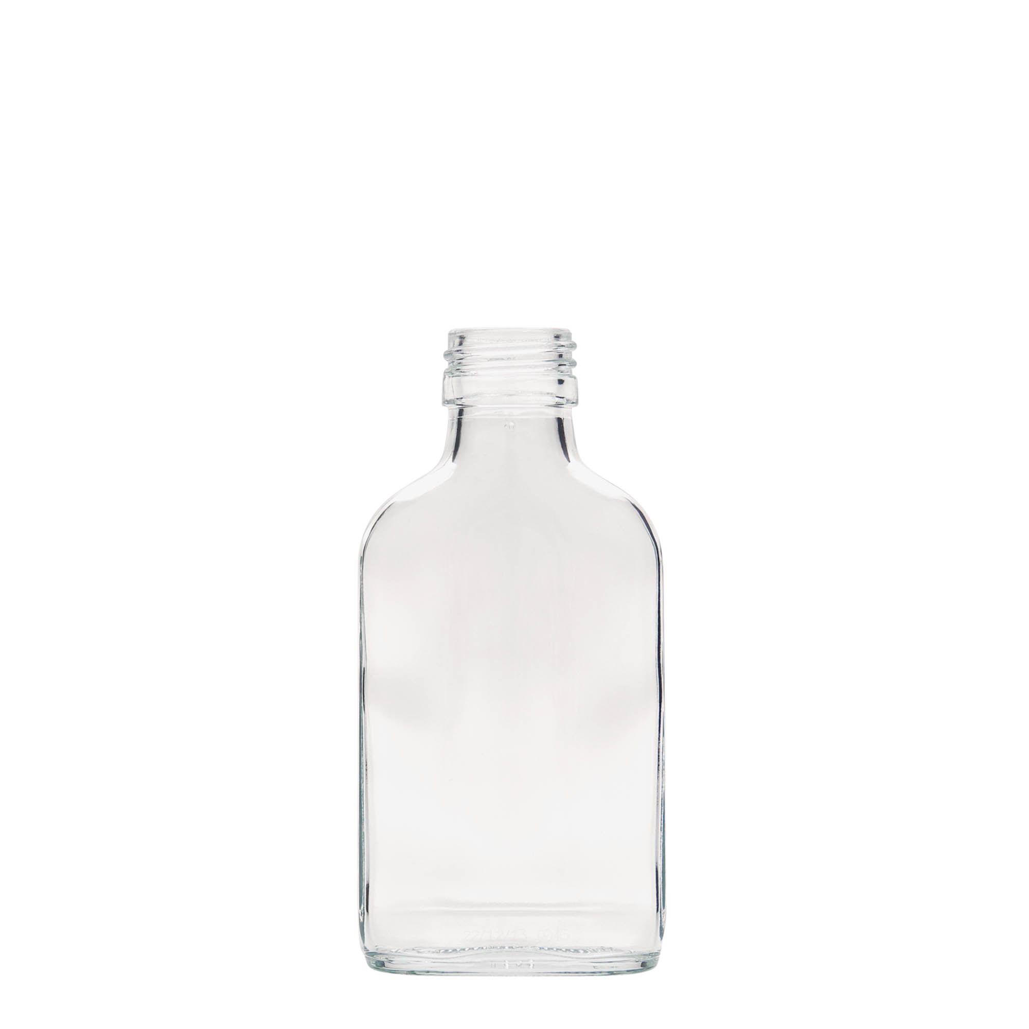 100 ml vrecková fľaša, obdĺžniková, sklo, hrdlo: PP 28 100 ml vrecková fľaša, obdĺžniková, sklo, hrdlo: PP 28