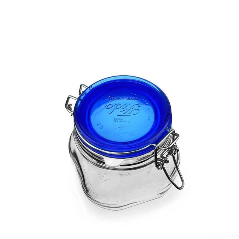 500 ml pohár so strmeňovým uzáverom „Fido“ Blue Top, štvorcový, hrdlo: strmeňový uzáver