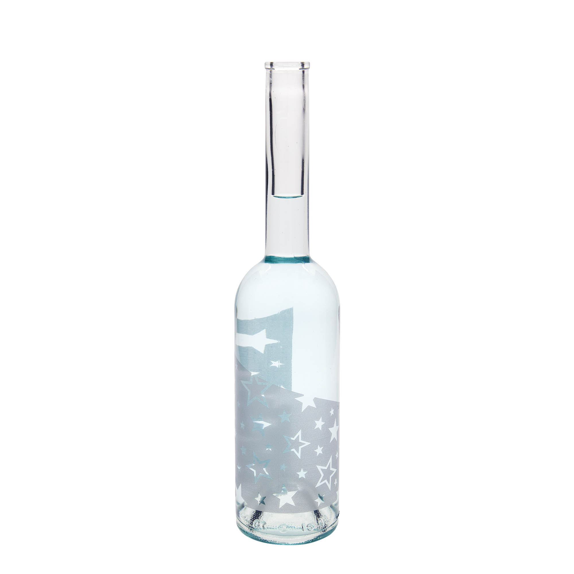 500 ml sklená fľaša „Opera“, motív: strieborné hviezdy, hrdlo: korok