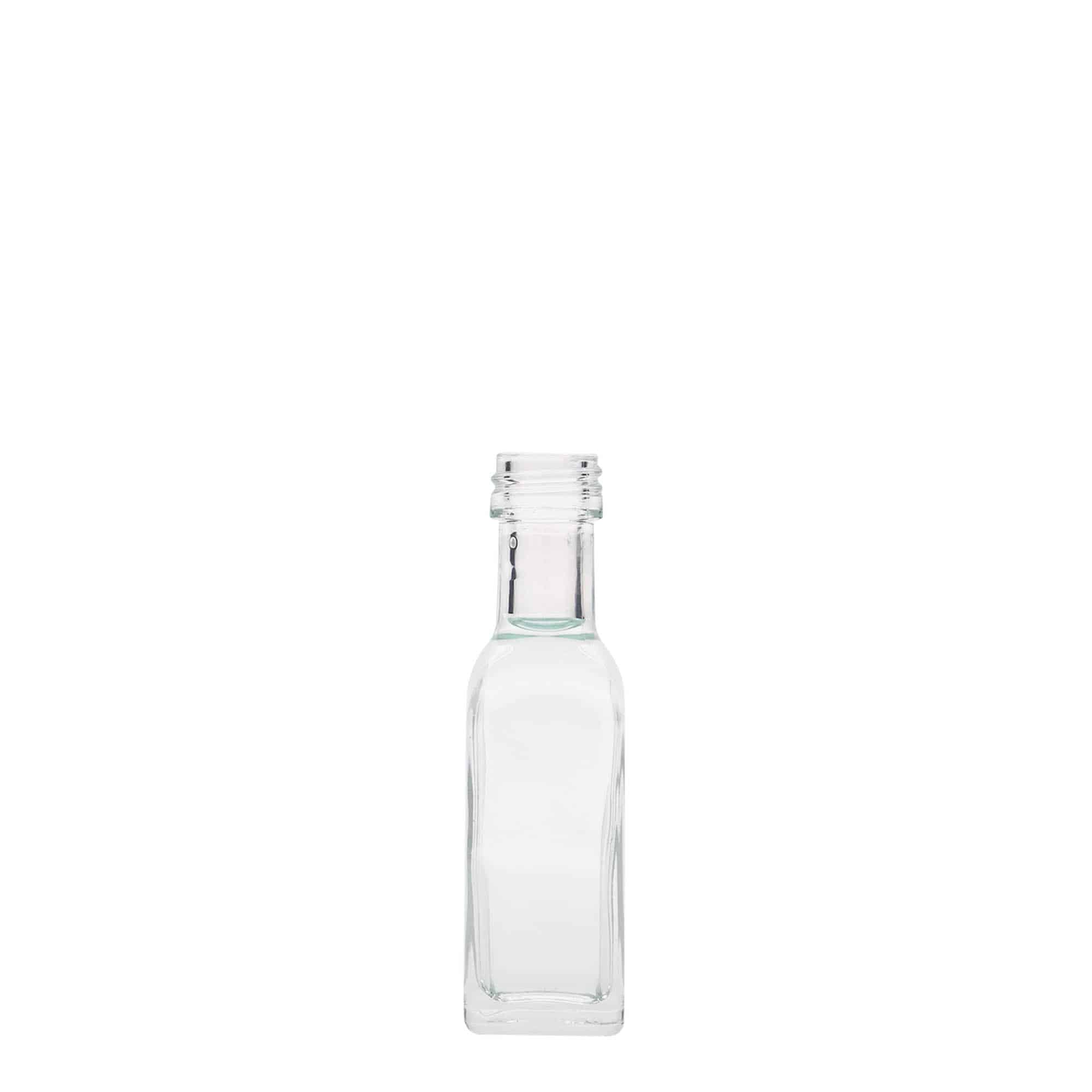 20 ml sklená fľaša „Marasca“, štvorcová, hrdlo: PP 18