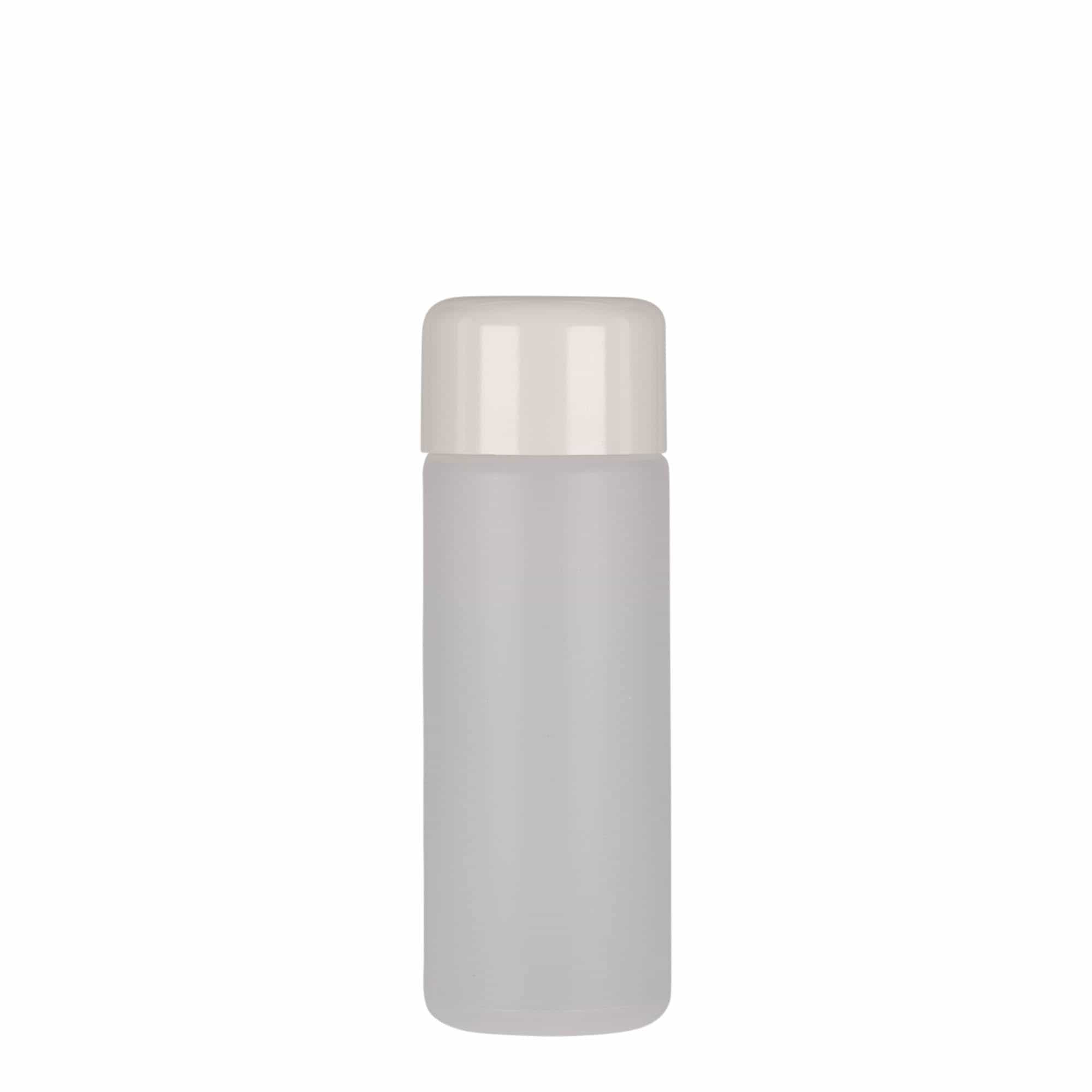 100 ml okrúhla fľaša, PE plast, prírodná farba, hrdlo: skrutkovací uzáver