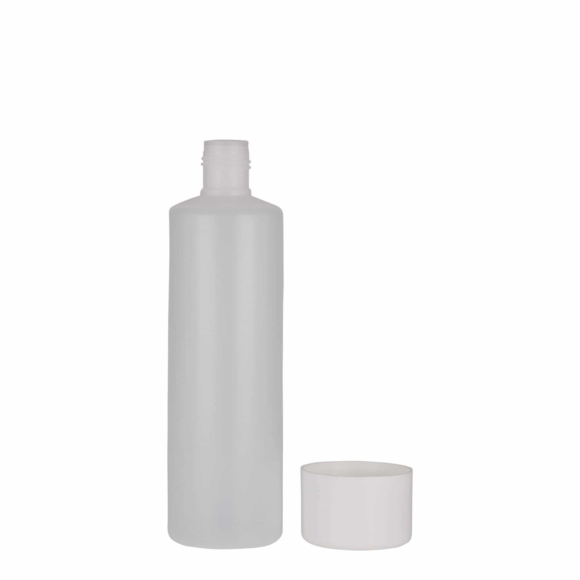 250 ml okrúhla fľaša, PE plast, prírodná farba, hrdlo: skrutkovací uzáver