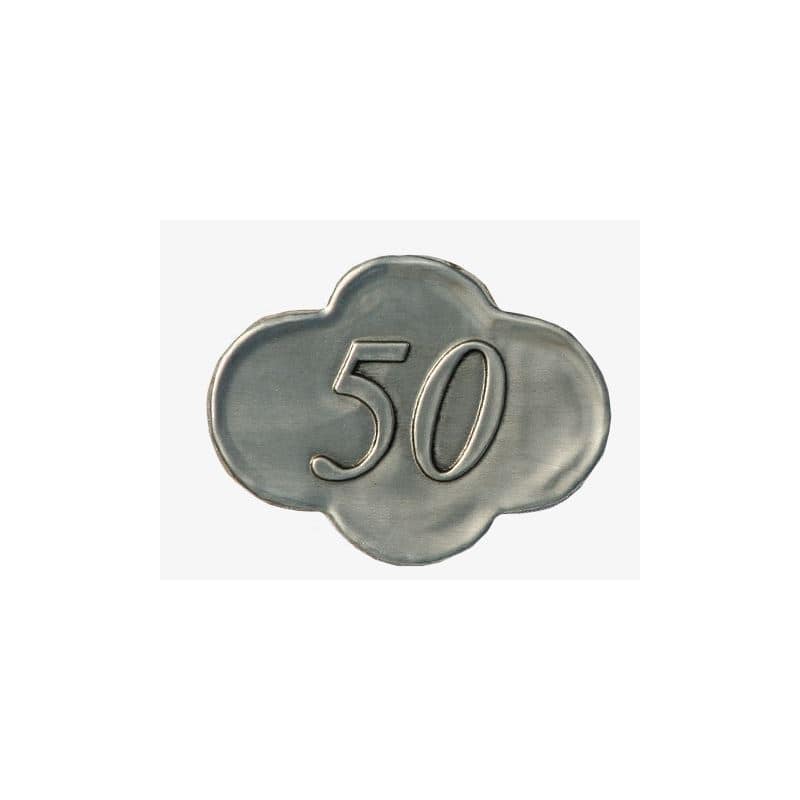Cínová etiketa „50“, kov, strieborná farba