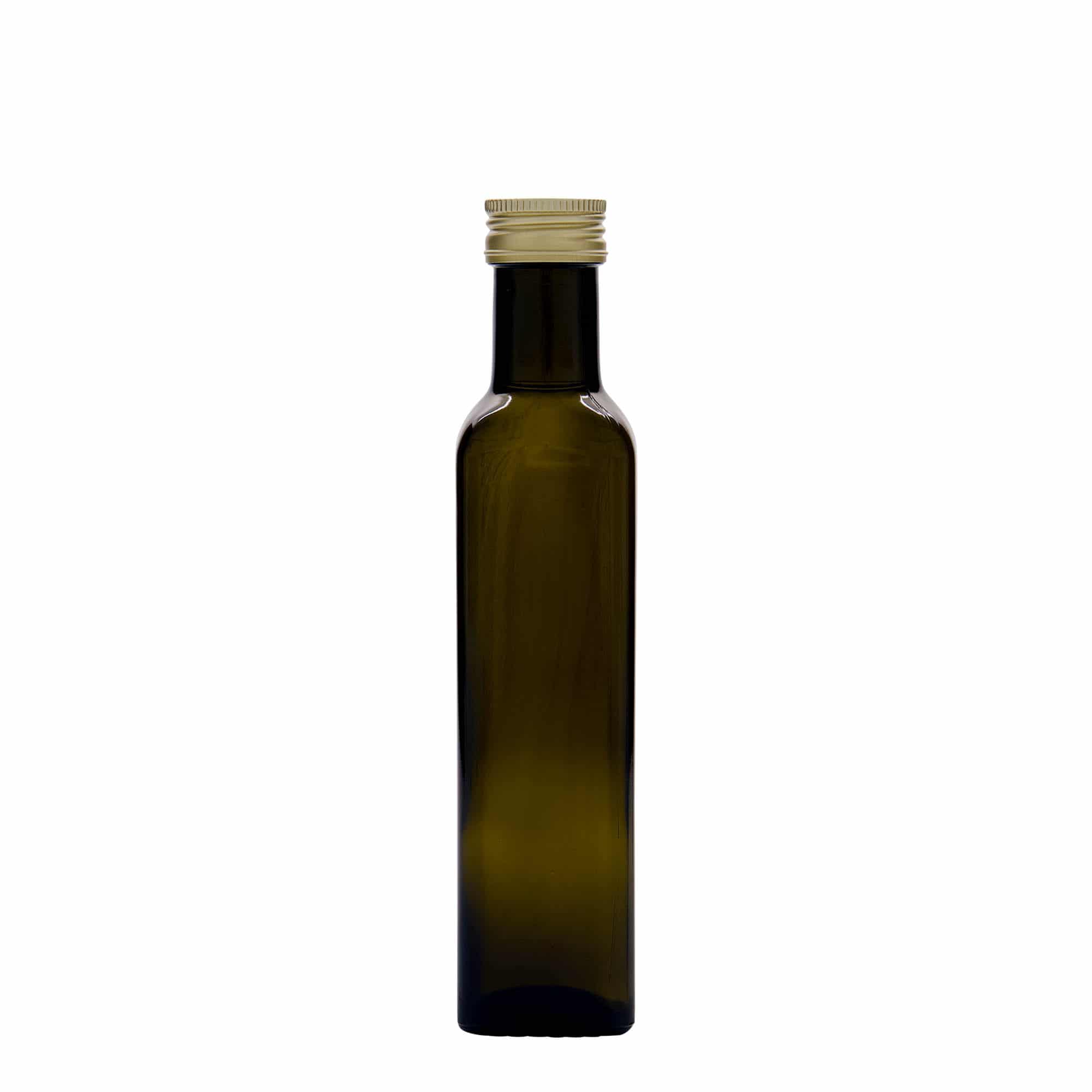 250 ml sklená fľaša „Marasca“, štvorcová, antická zelená farba, hrdlo: PP 31,5